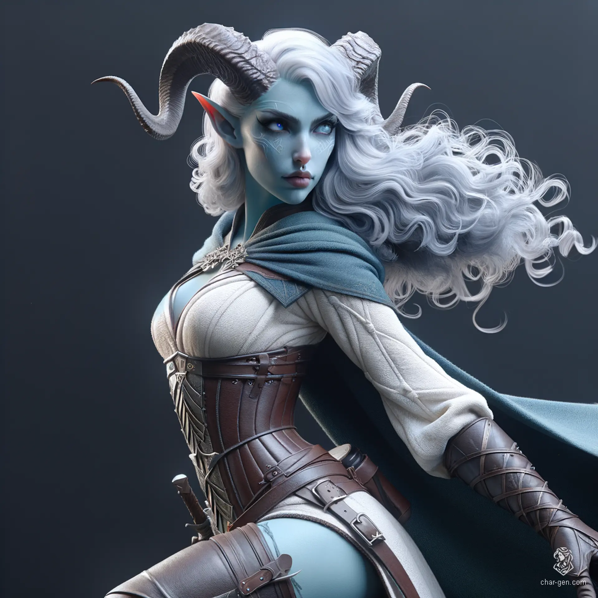 A captivating female Tiefling stands in a dynamic pose, her curvy figure exuding confidence. With striking white hair shaved on one side and short, her light blue skin contrasts beautifully with elegant, intricately detailed horns. This stunning character embodies the essence of a medieval fantasy world, perfectly captured in realistic anime style.