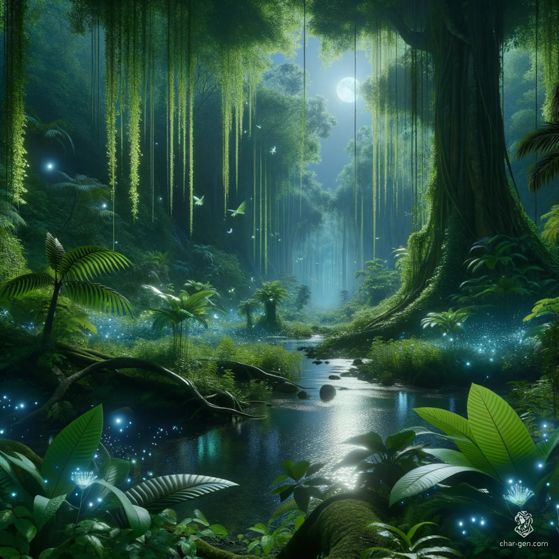 Under a canopy of bioluminescent foliage, the rainforest thrives in an ethereal glow. Crystal-clear streams weave through verdant undergrowth, while the night sky above shimmers with starlit wonder. Enigmatic flora and fauna create a mesmerizing, dreamlike tapestry of vibrant color and intricate detail.