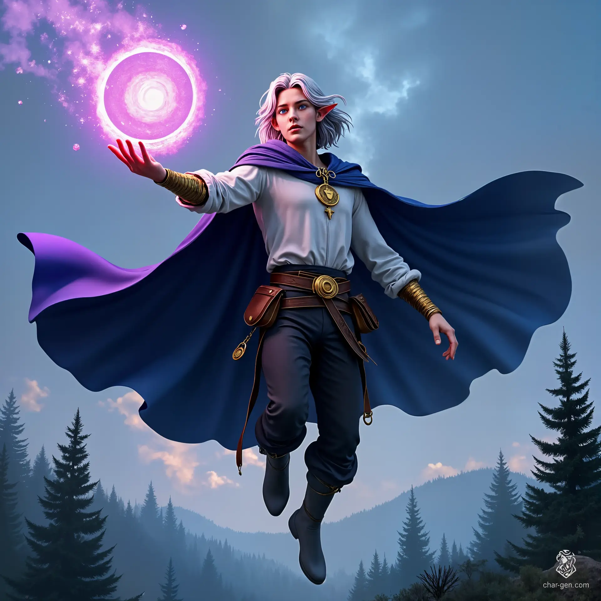 A majestic male elf hovers above a forest at dawn, silver hair flowing and eyes shimmering blue. Clad in a white tunic, navy cloak, and golden accessories, he conjures a swirling purple sigil of arcane magic, embodying grace and power amidst the misty dawn.