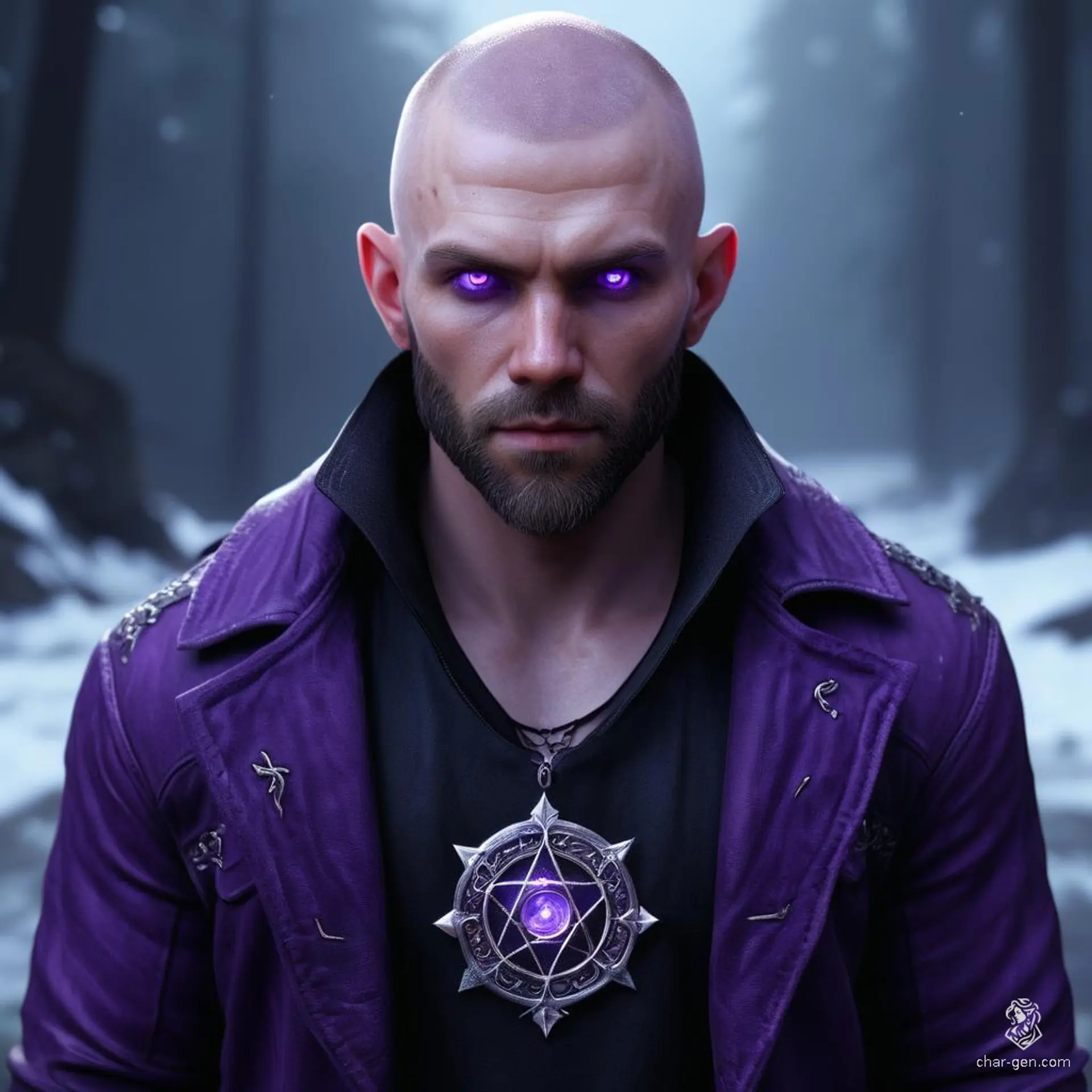 A 25-year-old male sorcerer with fair skin and glowing amethyst eyes. He has a shaved head, thin beard, and wears a purple jacket over a black undershirt with dark pants. Master of ice and fire magic, he levitates, radiating an aura of arcane power.