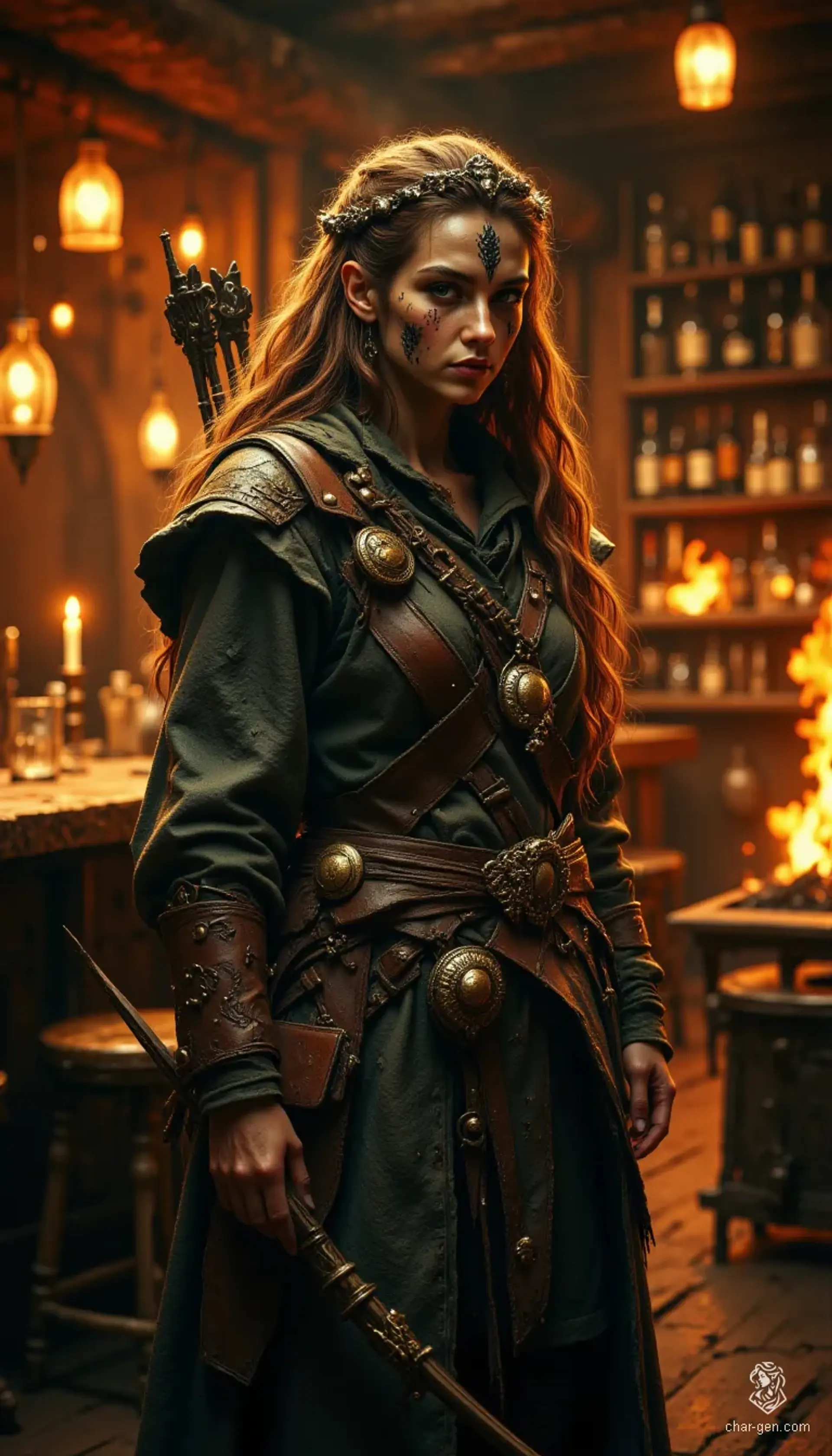 A skilled ranger in her thirties, she leads the village scouts with unwavering resolve. Adorned with tribal tattoos on her forehead and chin, she wields a bow and carries a wolf amulet, embodying Viking spirit and strength. Her light skin accentuates her fierce determination.