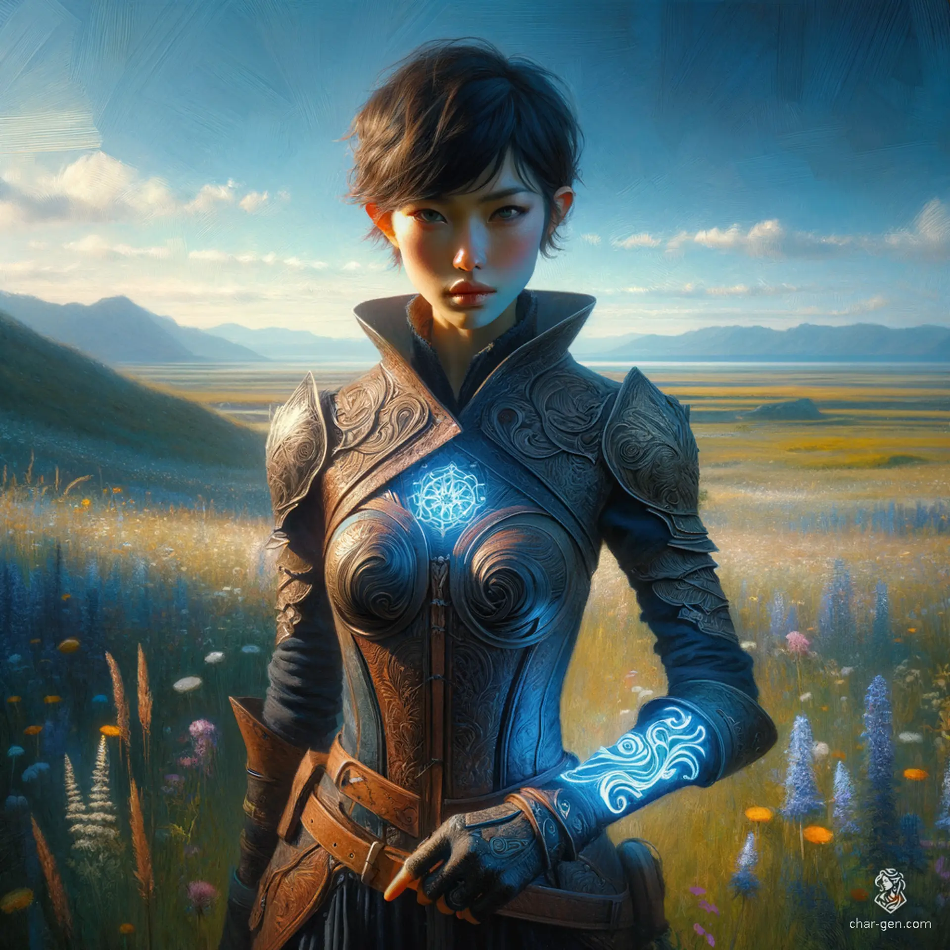 Jouli is a strikingly gorgeous investigator mage of East Asian descent. Standing 5'4" with a pixie cut, her pale skin shimmers in sunlight as she casts a defensive spell, a blue rune glowing in the air. Clad in intricately embossed leather armor, she balances intellect and magic among ancient texts in her library sanctuary.