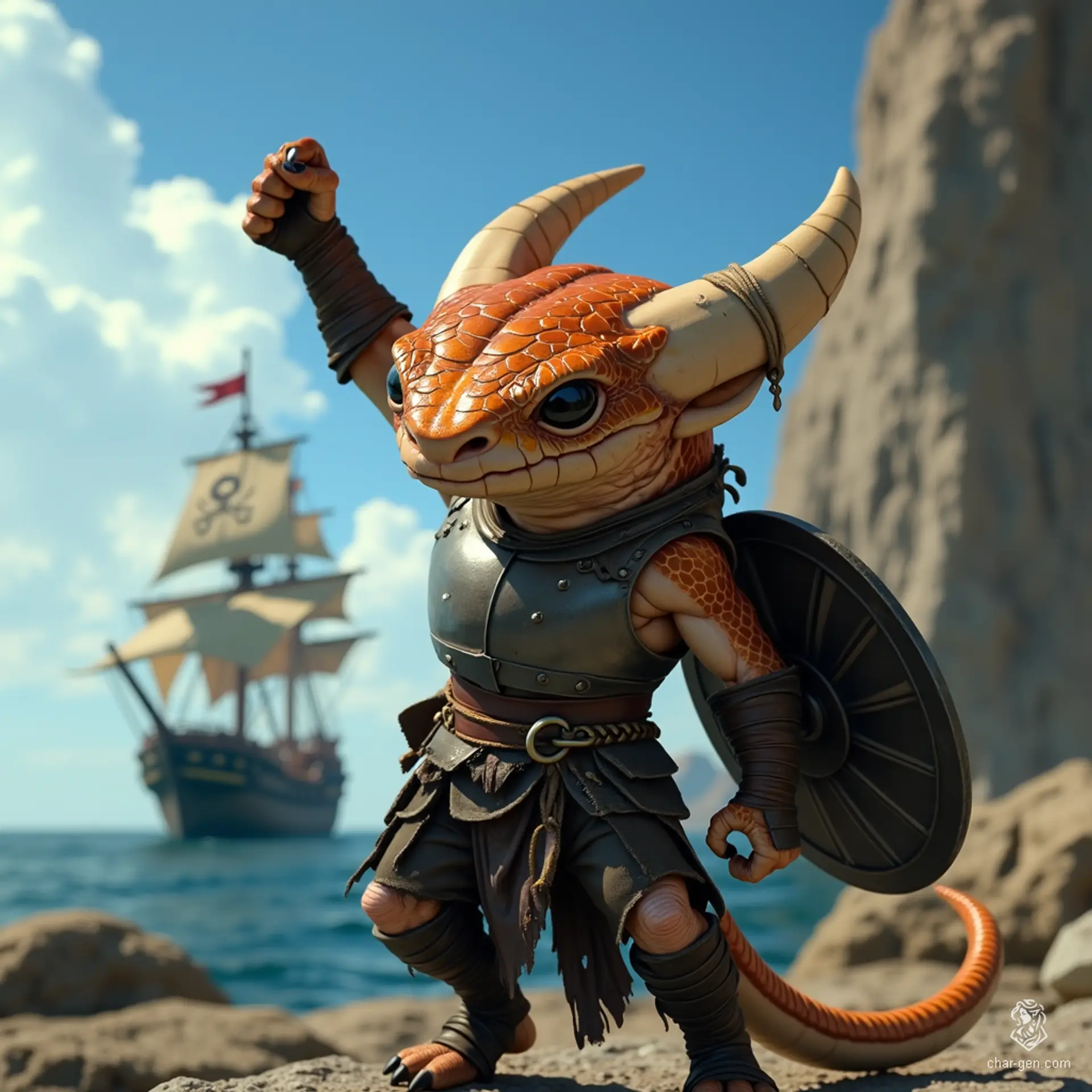 Luna is a muscular half-kobold, half-goloma fighter, donning a shiny steel breastplate and raising a formidable shield. With eight spider-like eyes and copper scales that gleam, this fluid-gendered warrior stands ready to defend against threats, embodying confidence and cunning in every move.