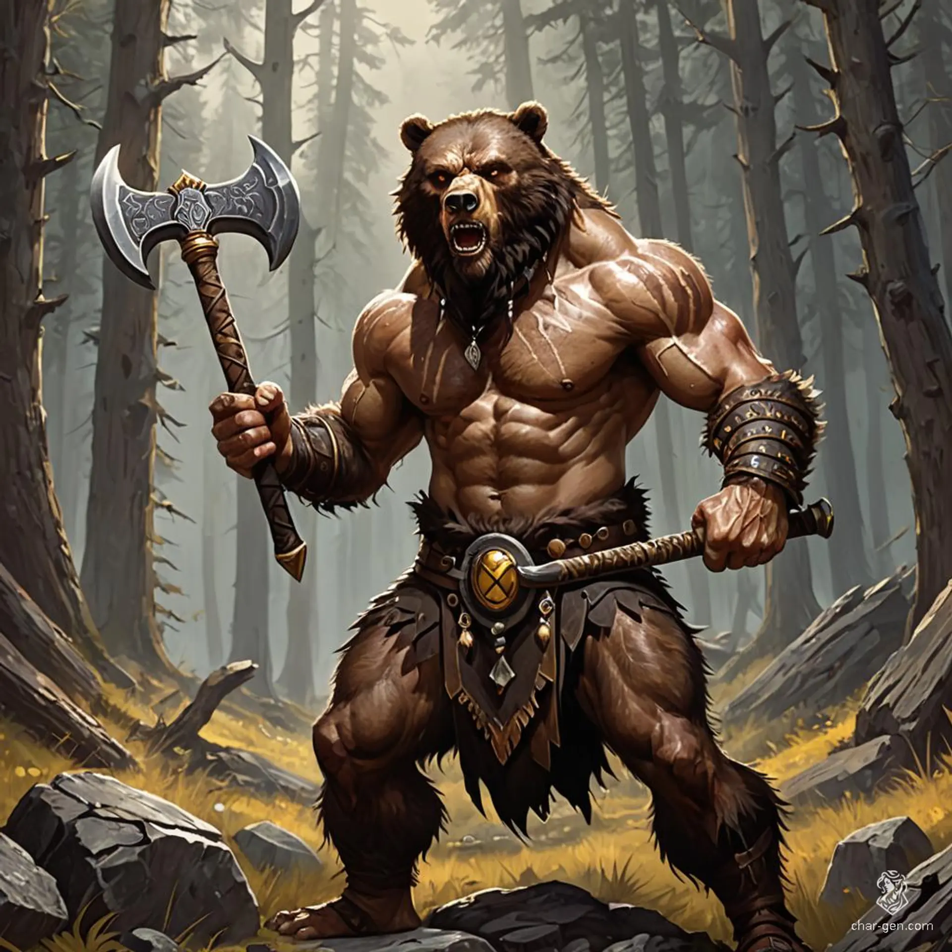 Surge Birchden, the Ballbreaker, is a 37-year-old male barbarian ranger with arcane warlock abilities. Sporting dark beige skin, piercing yellow eyes, and rich espresso-brown hair, he has bear-like features and a wild, rugged demeanor. A former soldier of Dalamund's army, Surge seeks vengeance for his eradicated tribe.