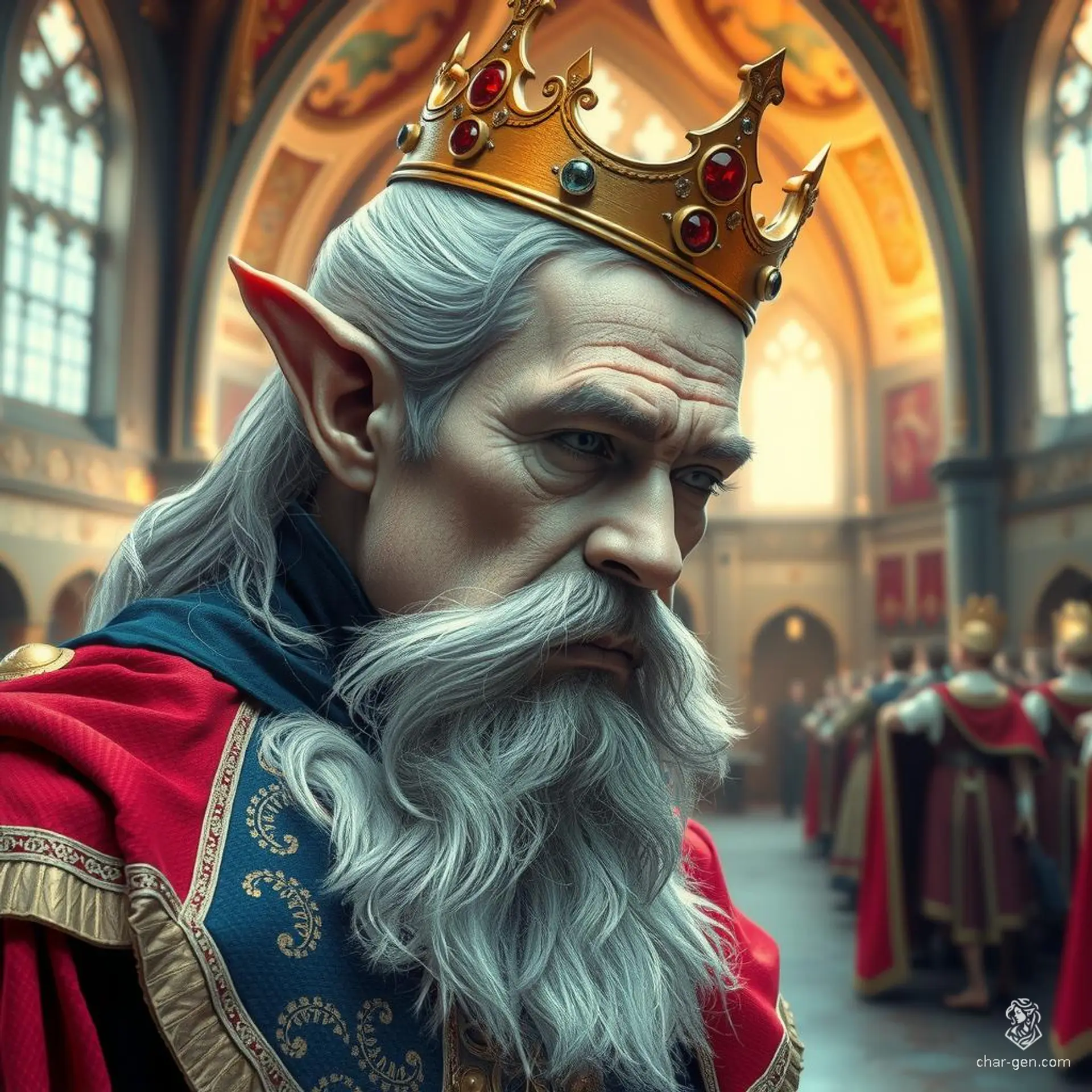 This male half-elf charlatan, with light skin and greying hair, dazzles crowds in flamboyant clothes, performing tricks and selling fake remedies. Despite his deceitful nature, he carries himself with a stoic demeanor, reminiscent of a slightly fat king in royal red robes and a golden crown.