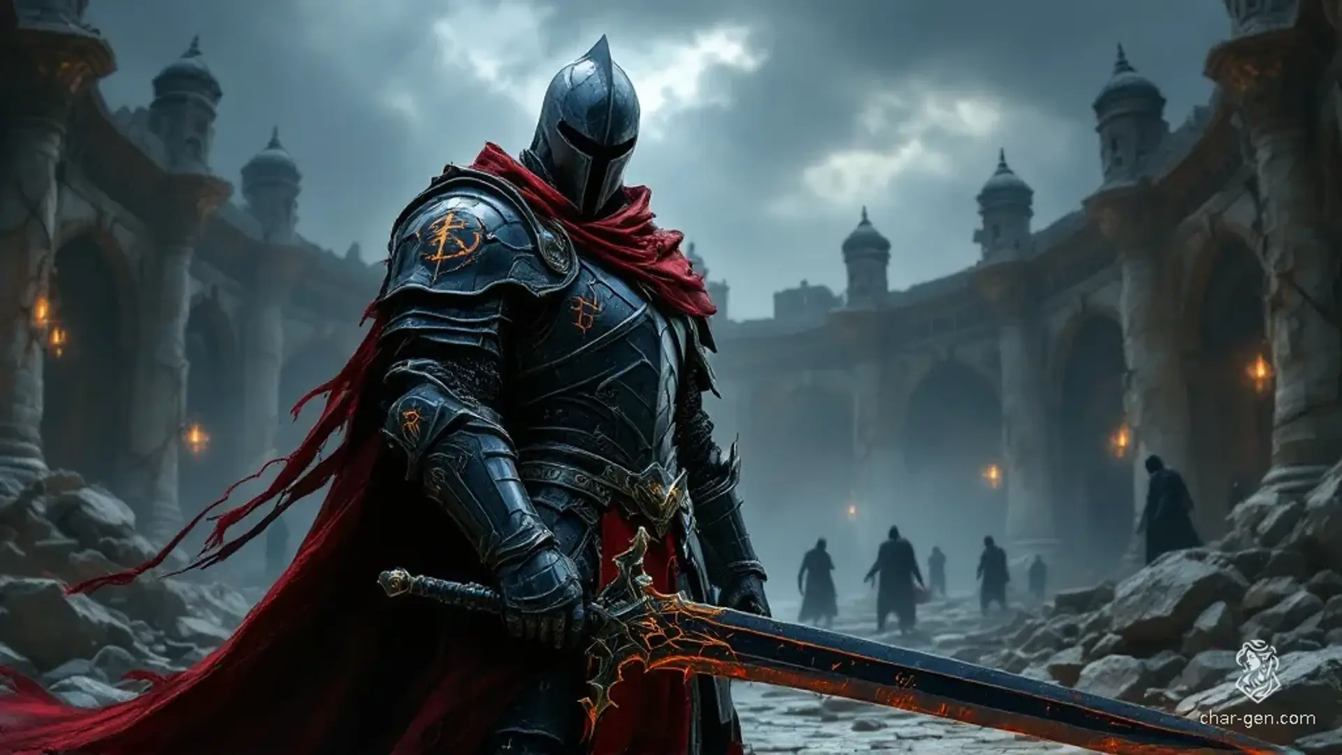 In the moonlit ruins of an ancient serpent-cult temple, a middle-aged knight stands confidently in massive gothic plate armor, its dark iron surfaces etched with glowing orange runes. His featureless helm and tattered crimson cloak evoke fear, as dark creatures swarm toward him, sensing his formidable presence.