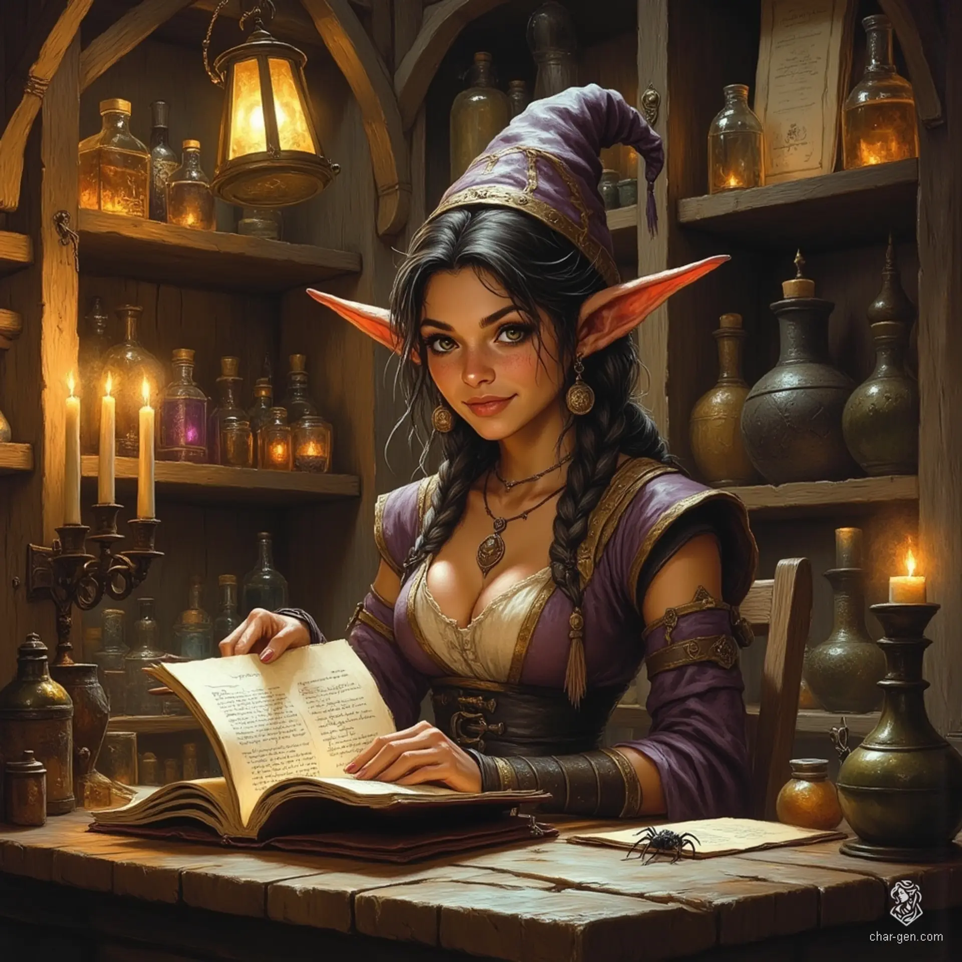 Maryam, the forensic witch, is an enchanting elder elf with tanned skin and lively topaz eyes. Adorned in practical, renaissance-inspired attire, she exudes competence and playfulness. Surrounded by potions and herbs in her cozy alchemical lab, her spectral spider companion mirrors her curious intelligence, embodying the spirit of discerning care.