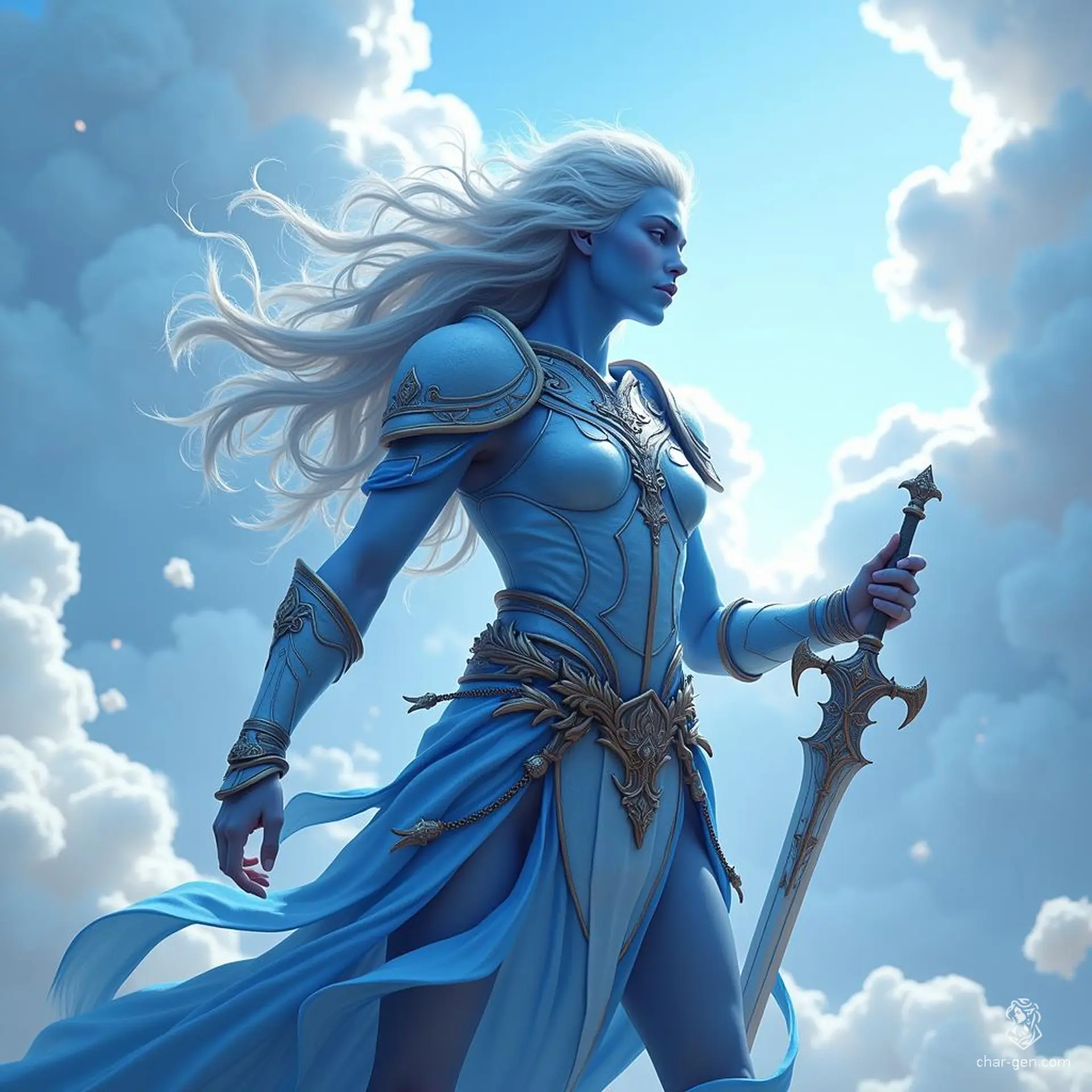 Breezen Aeolus, an 18-year-old air genasi bard, captivates with his sky-blue skin and stormy grey hair. Agile and charming, he wields a rapier and enchanting instrument, enchanting audiences with expressive gestures and air-woven magic, all while embodying noble elegance in detailed leather armor.