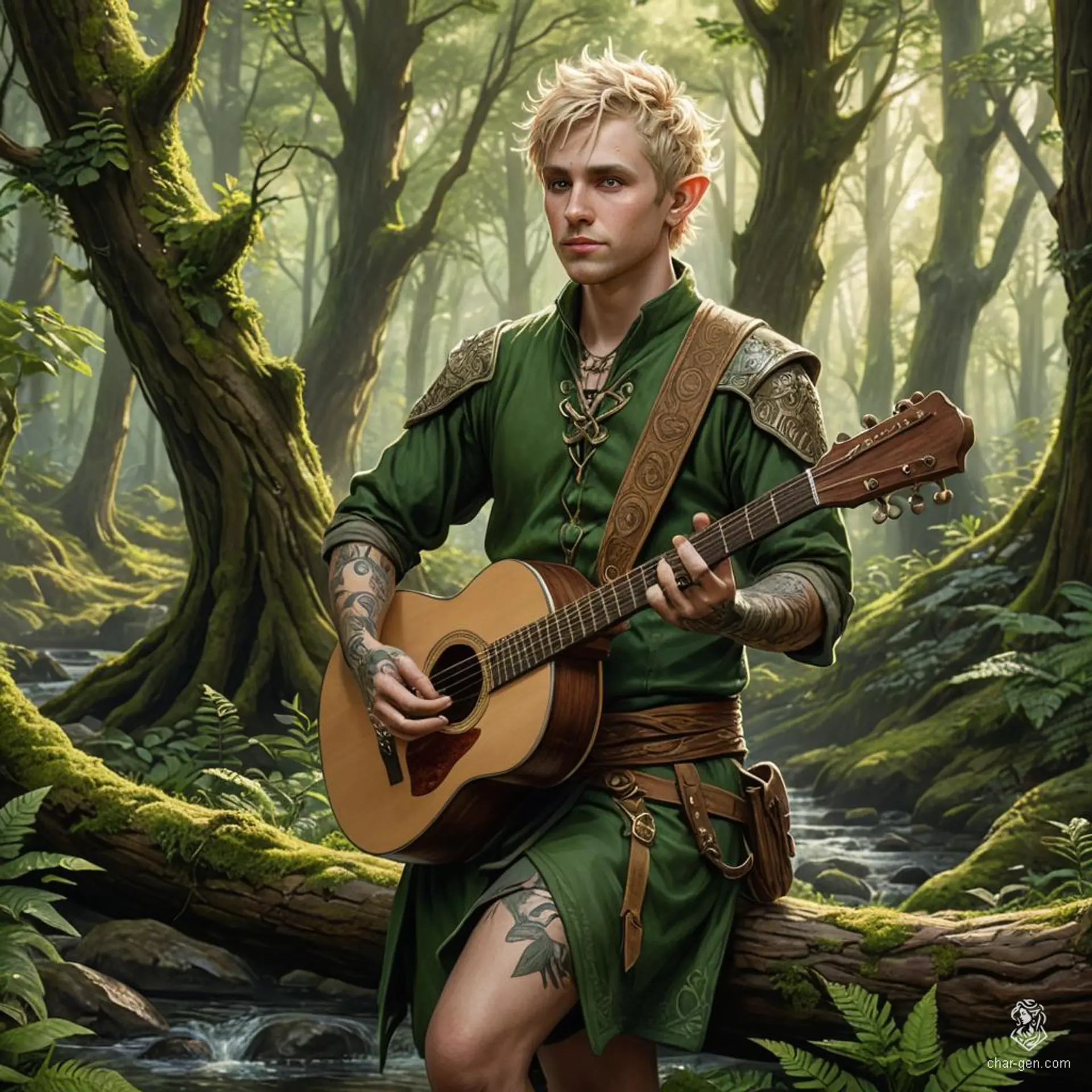 A vivacious young half-elf bard with spiky blond hair and a punk flair, garbed in a green tunic. He wields a magical lute, accentuating his talents with expressive gestures. As a tattooist, he masterfully adorns skin with intricate symbols, his joyful demeanor lighting up the room.