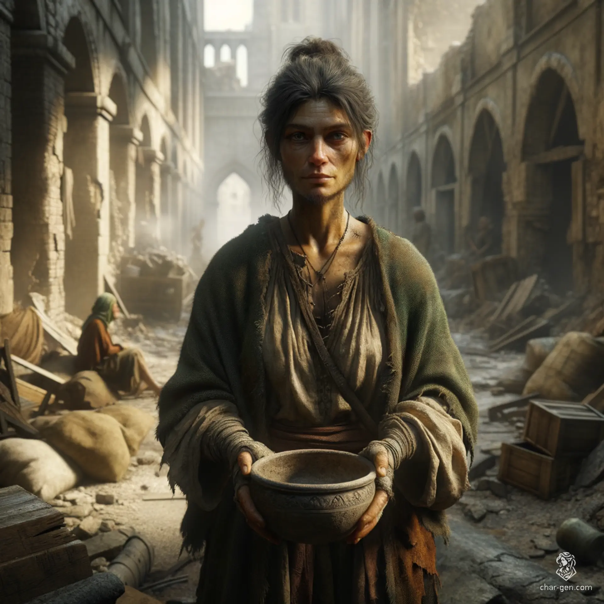 Thalira, a middle-aged noble dwarf turned beggar, clutches a tattered bowl in her dirty rags. Once regal in her finery, her disheveled bun and downcast gaze reflect her fall from grace, as she navigates the streets in search of mercy, cradling the weight of hope and hardship.