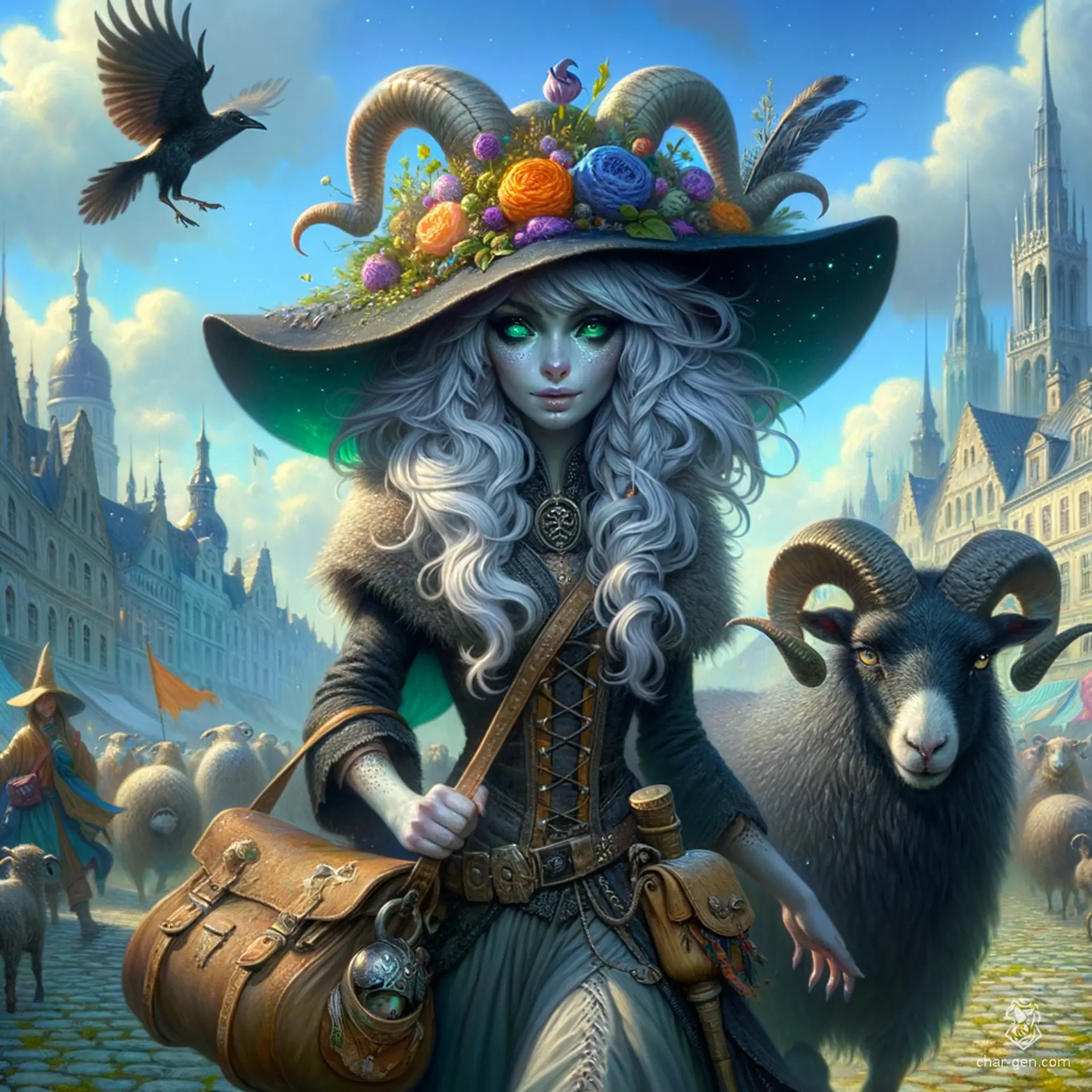 Amaryllis, a hag-blood halfling, embodies chaos with her silvery curls and dark witch attire adorned with roses and ravens. Barefoot and ethereal, she wields magic as a Pact Witch, guided by her ram familiar. Dedicated to liberating Kintargo, her fey heritage pulses with wild energy.