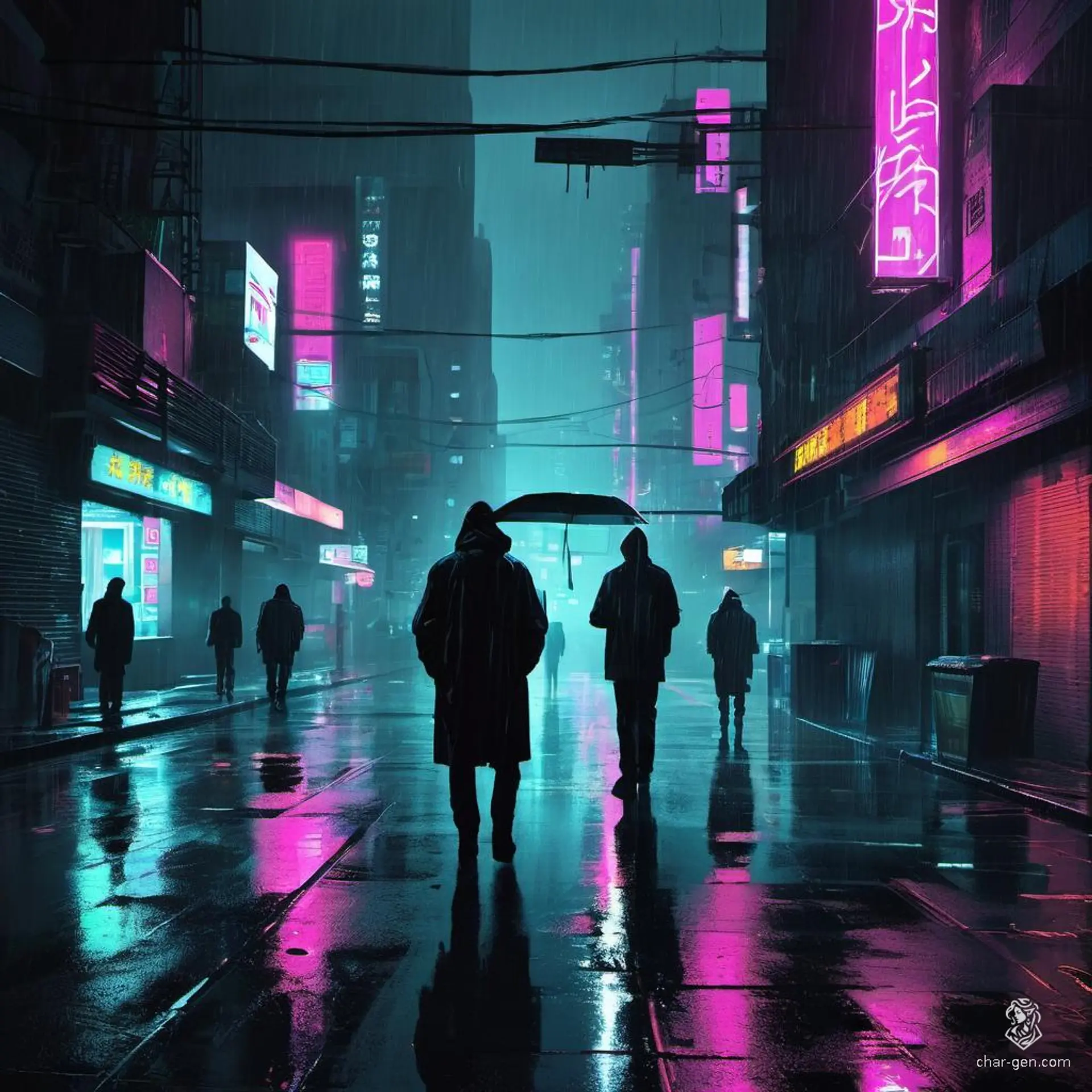 In a moody, tech-noir cityscape, rain-soaked streets glisten under glaring neon lights. Shadowy figures drift through dark alleys, sleek cybernetic elements blend with futuristic urban design, and high-contrast visuals evoke a sense of imminent danger lurking around every corner.