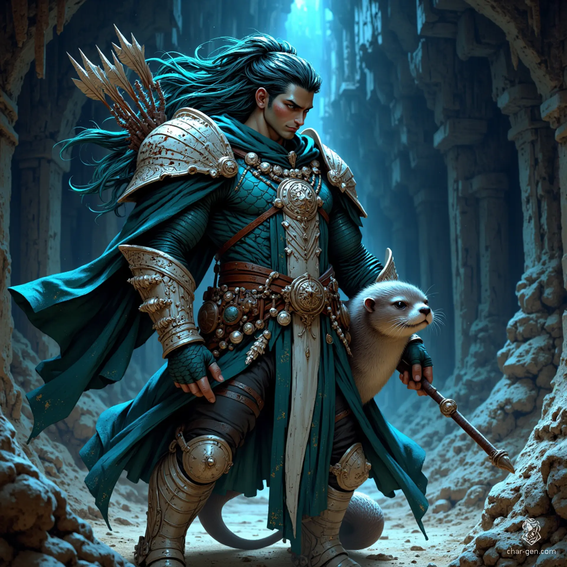 Kael Deepwarden, a fierce Triton ranger, guards ocean depths with his shimmering bluish-green skin and flowing dark teal seaweed-like hair. Clad in scale armor decorated with aquatic motifs, he wields a coral-crafted longbow. His loyal companion, Tide, the sea otter, thrives at his side, ready for underwater adventures.