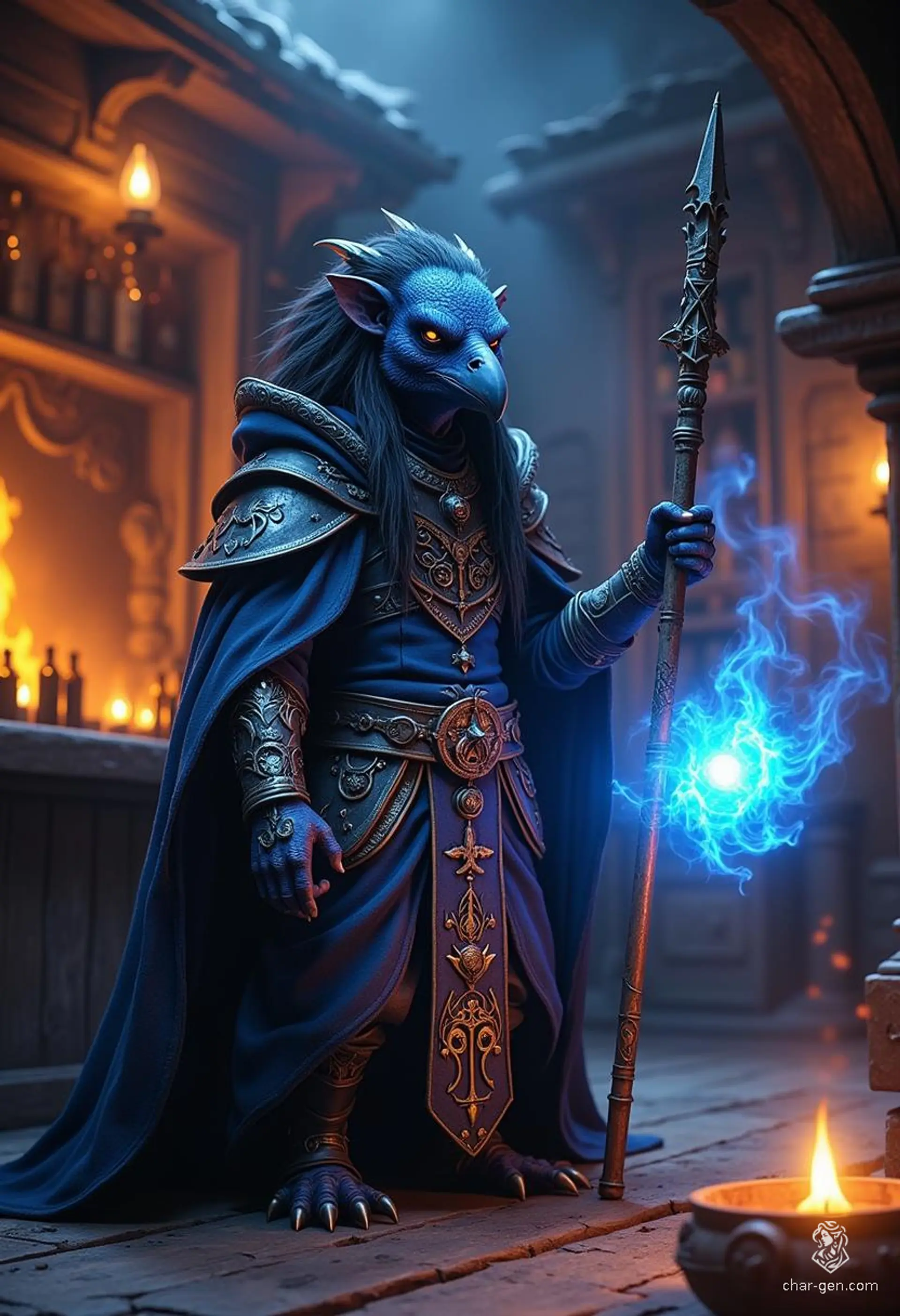Krackle Brightbeak is a charming, short, avian sorcerer with a distinctive blue skin and raven-like features. Standing at just 3'9", he wields a quarterstaff, adorned in a magical, illusion-shifting cloak, embodying both stealth and unpredictable magic. A skilled spy, he's as hardy as he is intelligent.