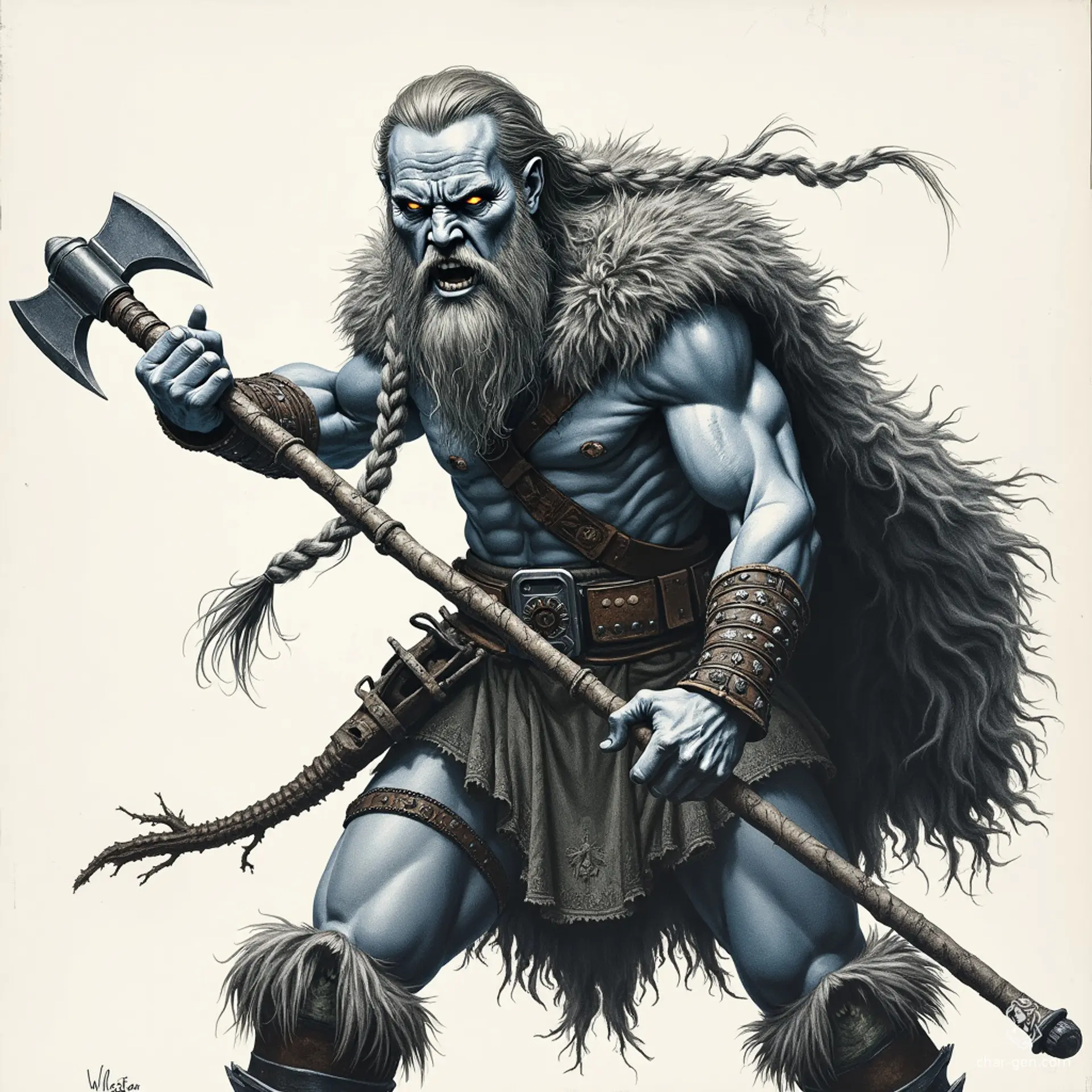 A wild, rugged male duergar barbarian with grey skin and a bald, braided head. Wielding a mighty axe, he wears warrior facepaint and a bear pelt. This hand-drawn, 70s dark-fantasy book illustration depicts his fierce battlecry.