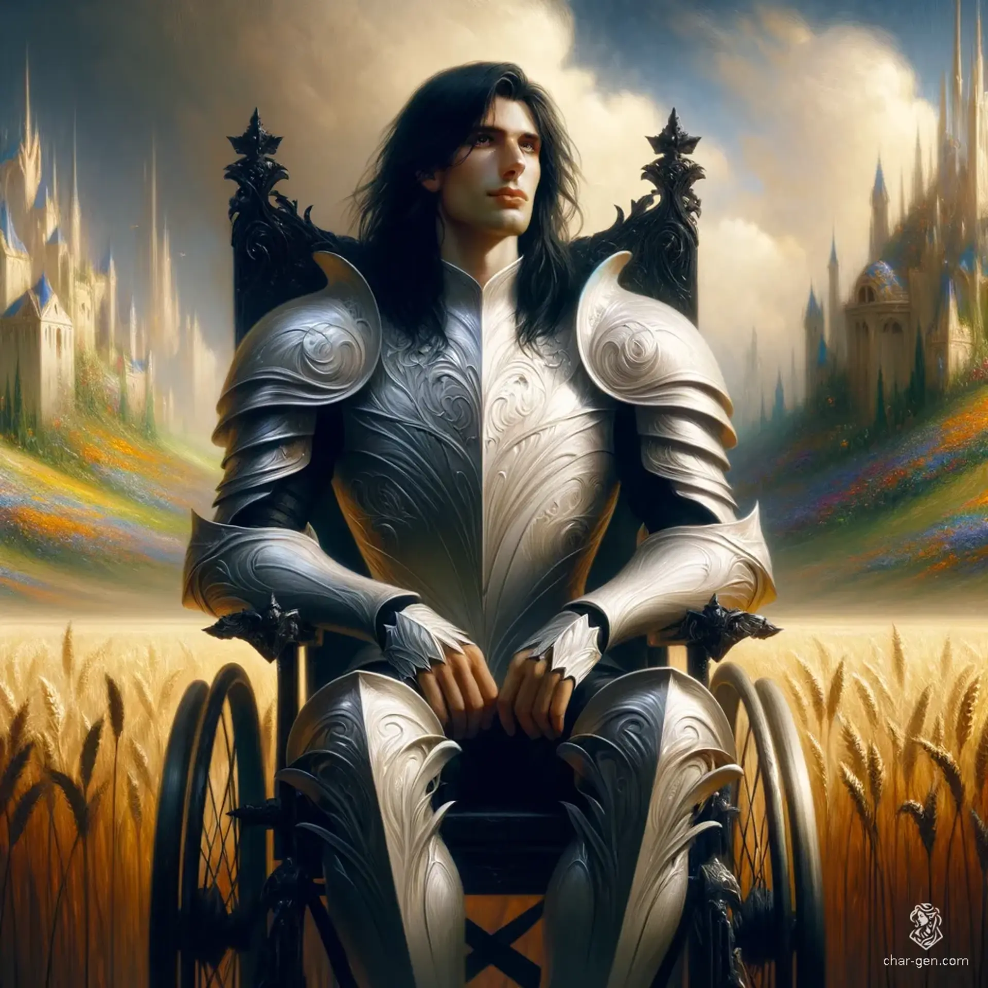A majestic middle-aged man, clad in clean white iron armor, sits regally in a complex black iron wheelchair. His moderate-length black hair cascades over his shoulders, and his brown-gloved hands hint at a priestly background. Behind him, a lush wheat field flourishes, embodying vitality and serenity.