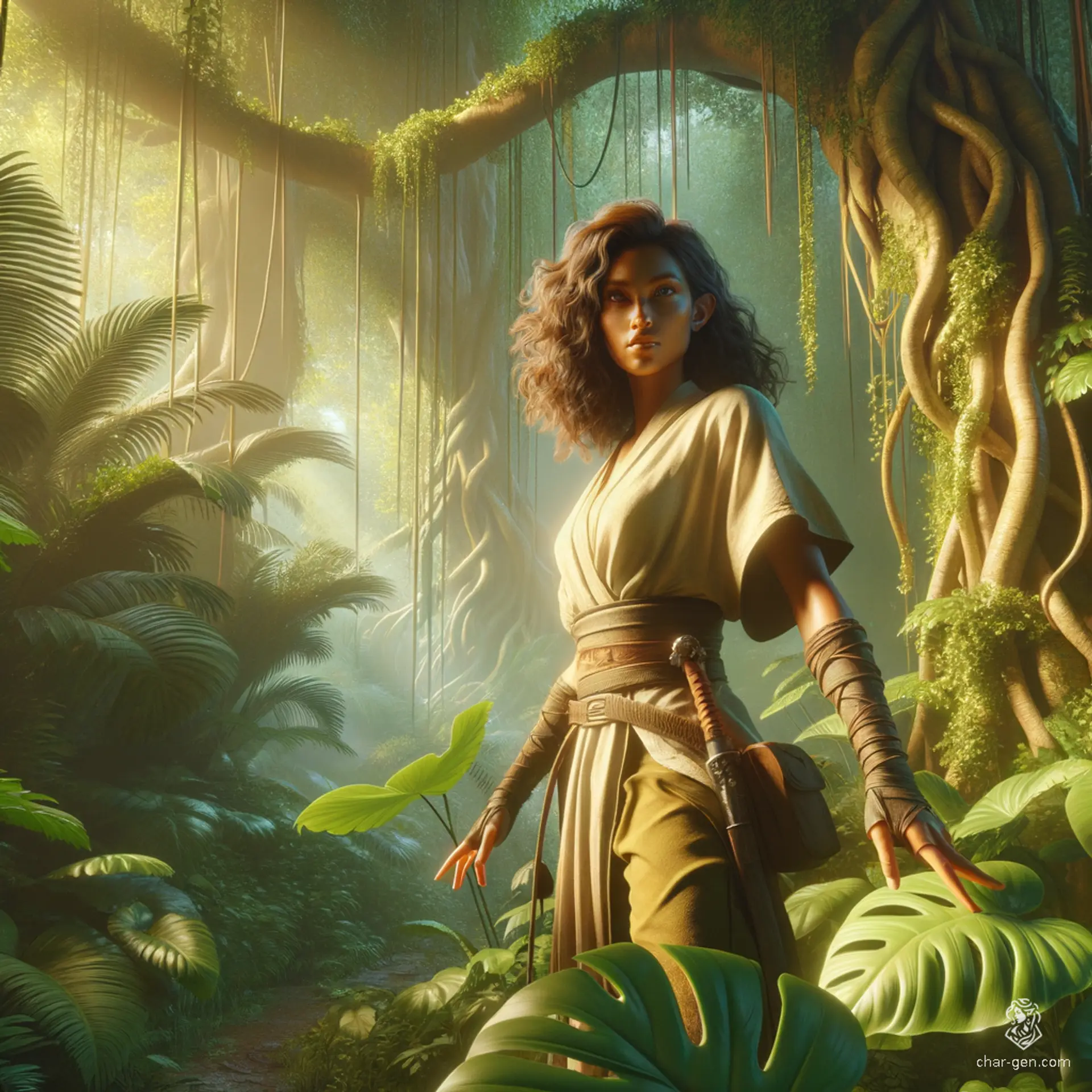 A serene Half-Elf Monk, she moves with fluid grace, embodying tranquility. Her curly hair frames a calm face, while her distinct tan skin contrasts with her simple loincloth. Possessing an air of wisdom and discipline, she navigates the world with a peaceful heart and a focused mind.