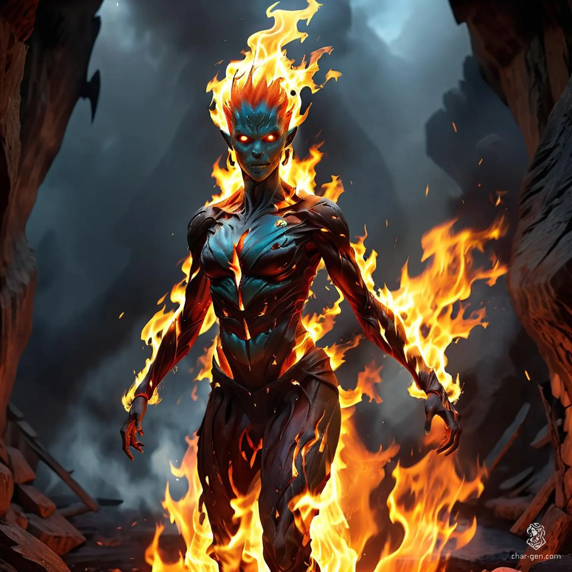 A stealthy and dangerous fire genasi female assassin with dark red skin, curly flame hair, and a flaming nebula effect. This warlock, adorned with arcane sigils and shrouded in an aura of magic, lurks in shadows wearing dark clothing and concealed daggers.