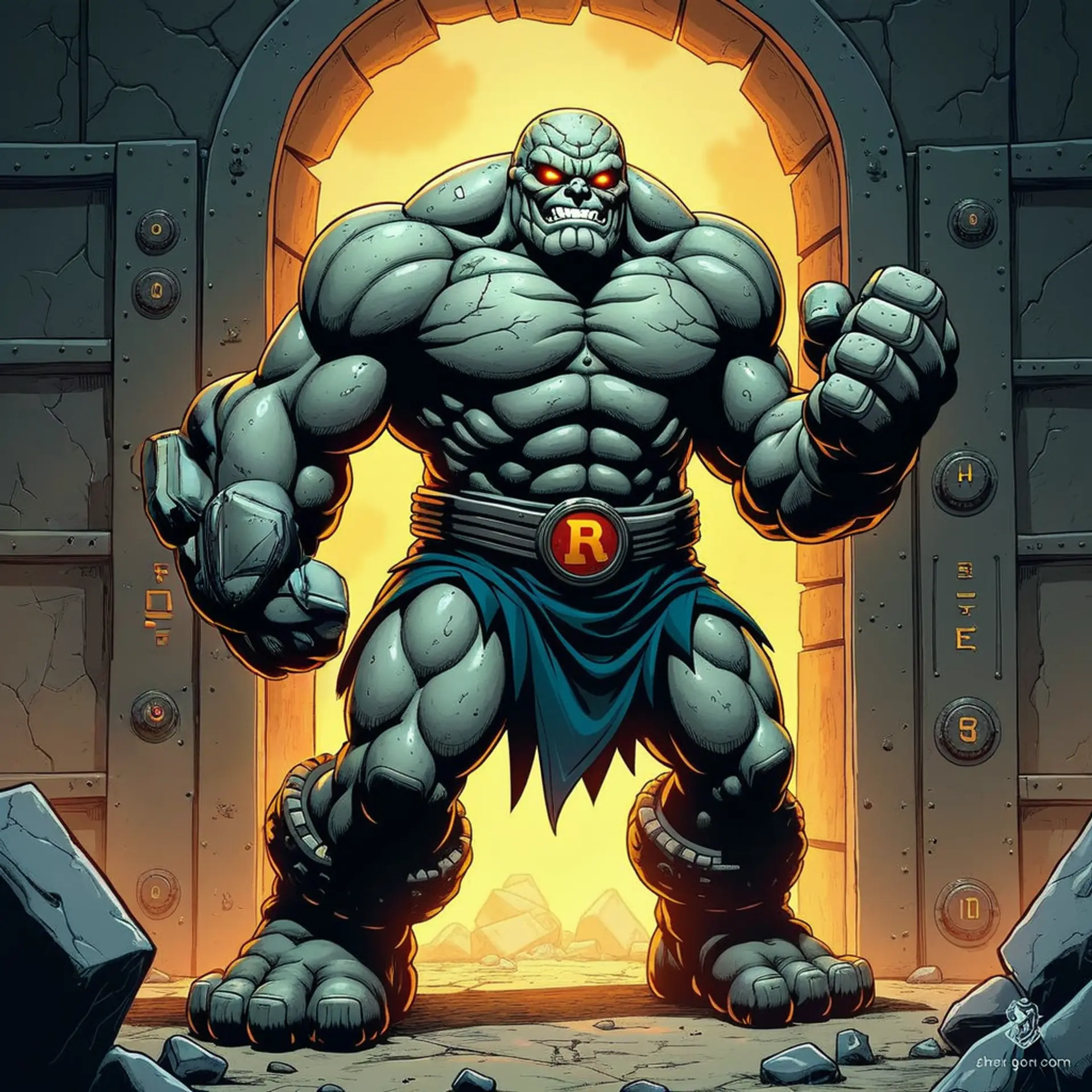 Shardmaul, an elemental stone-themed supervillain, boasts a craggy, muscular physique resembling carved rock. His glowing orange eyes and faintly crackling skin signal immense power. Wielding a massive stone hammer fused to his arm, he exudes dominance, poised in a chaotic bank vault, ready to unleash his destructive force.