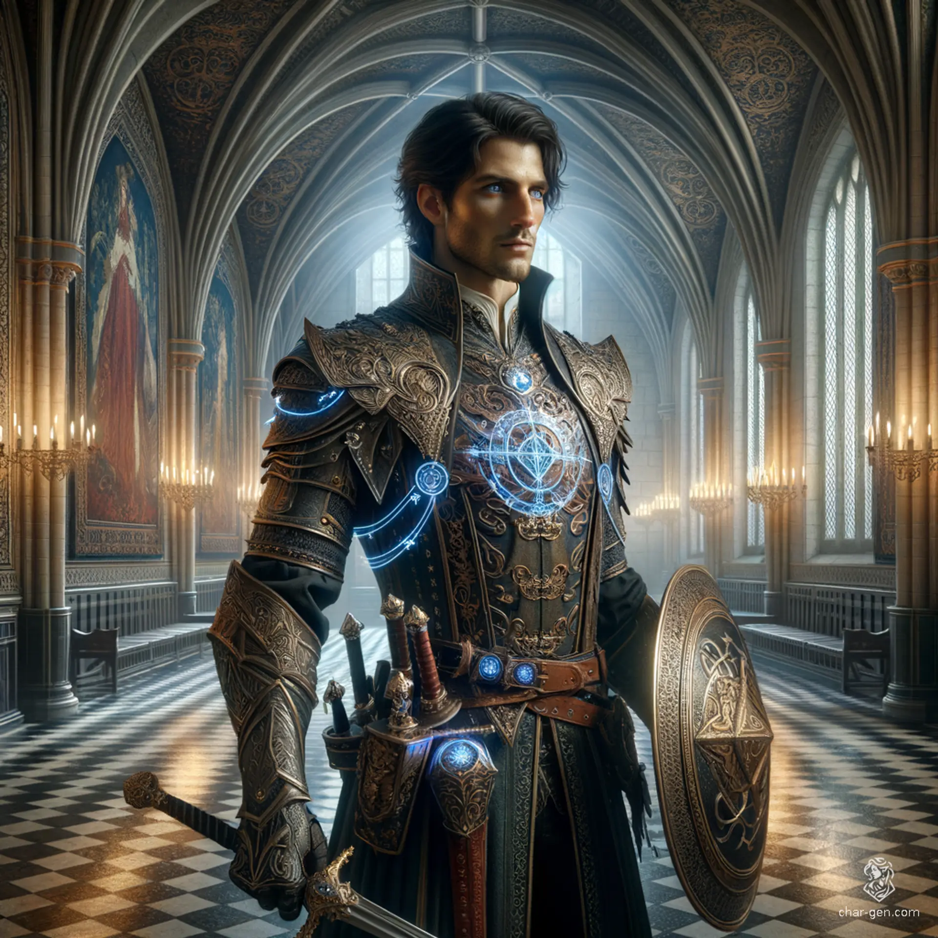 Dorian, a 21-year-old human noble, stands confidently at 6'1" with a medium build and pale skin. As a battlemaster and knight, he wields a prominently featured longsword and broad shield. He possesses formidable strength, charisma, and intelligence, wearing enchanted garments marked with arcane sigils, and emanates an aura of unpredictable eldritch magic.