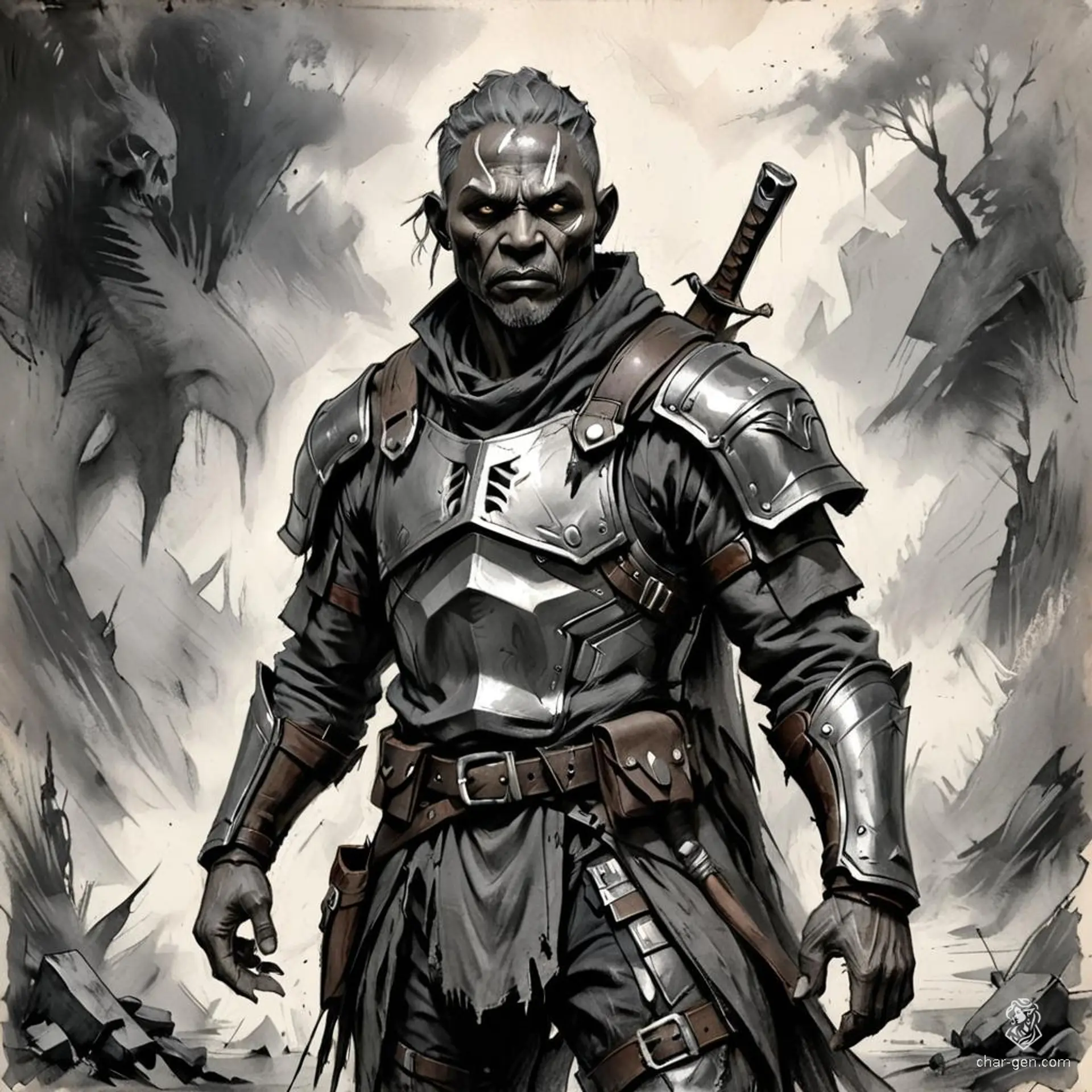 A fluid-gendered, grey-skinned ranger-turned-bandit with jet-black hair, clad in tattered leather armor and a skull-shaped mask. Hardened and ruthless, they wield weapons with brutal precision, guided by a keen eye, and carry a pouch of stolen coins from their marauding exploits.