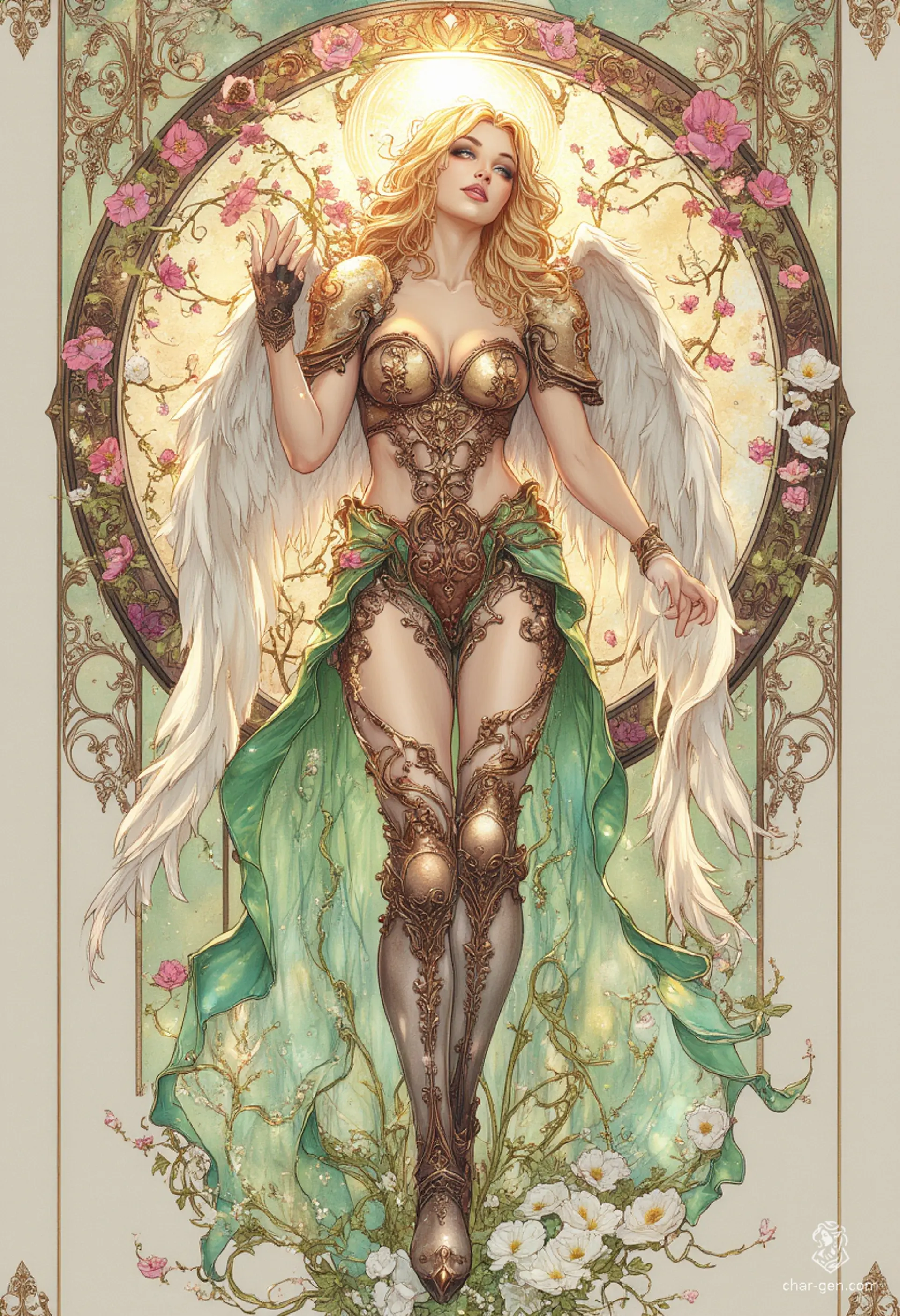 Sigarda, a celestial beauty, embodies elegance and grace in intricately designed green and gold armor. With flowing golden hair and solid gold glowing eyes, she floats amidst stylized floral motifs, harmonizing nature and spirit in a stunning, ethereal dance of light and color.