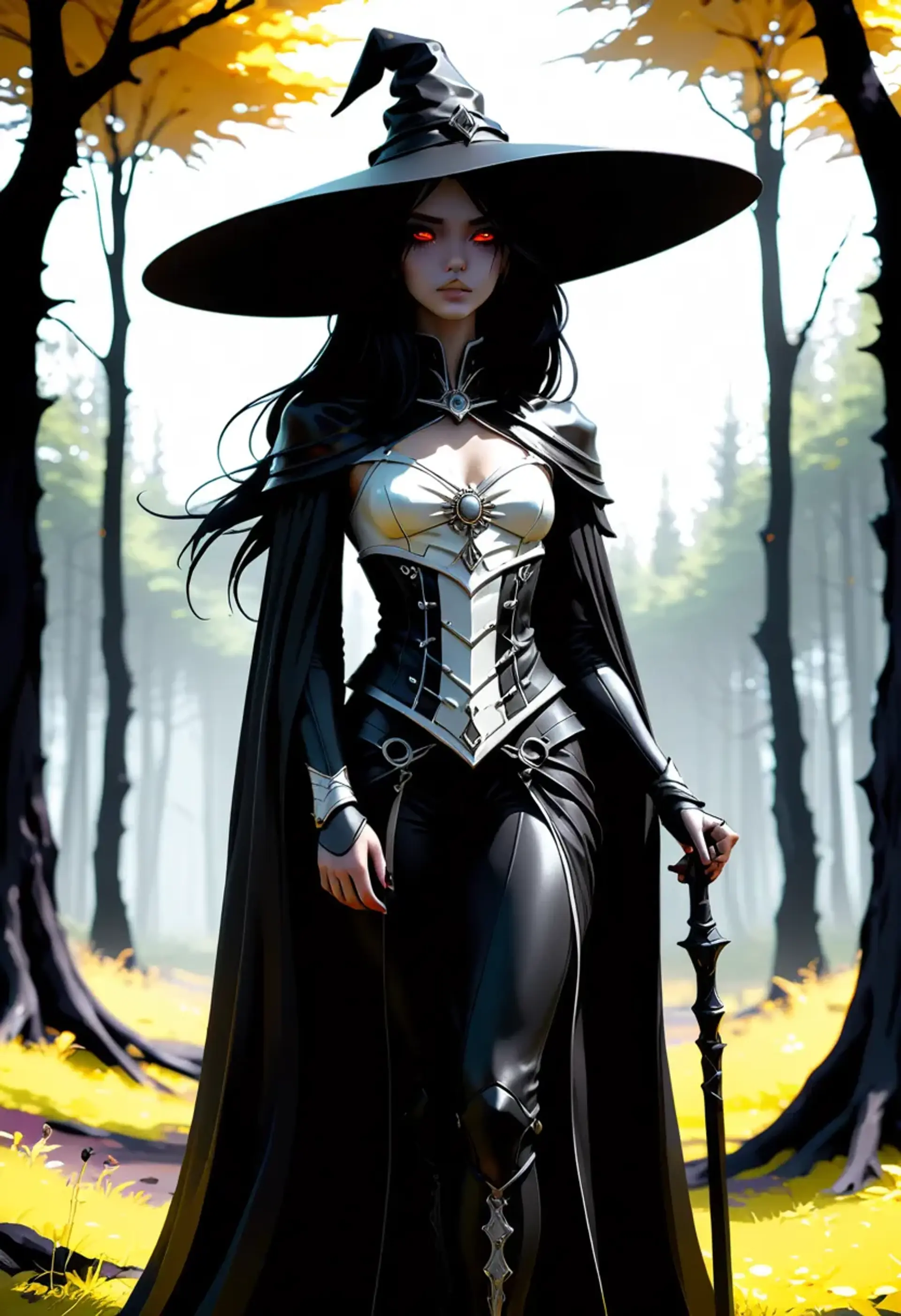 Branwen Umbra is a 230-year-old Umbral Human cleric and sorcerer, appearing as a slender, youthful figure with shimmering alabaster skin, swirling silver-black eyes, and writhing onyx-black hair. Bearing a scythe and accompanied by ravens, she wields powerful magic and offers solace to souls at their journey’s end.