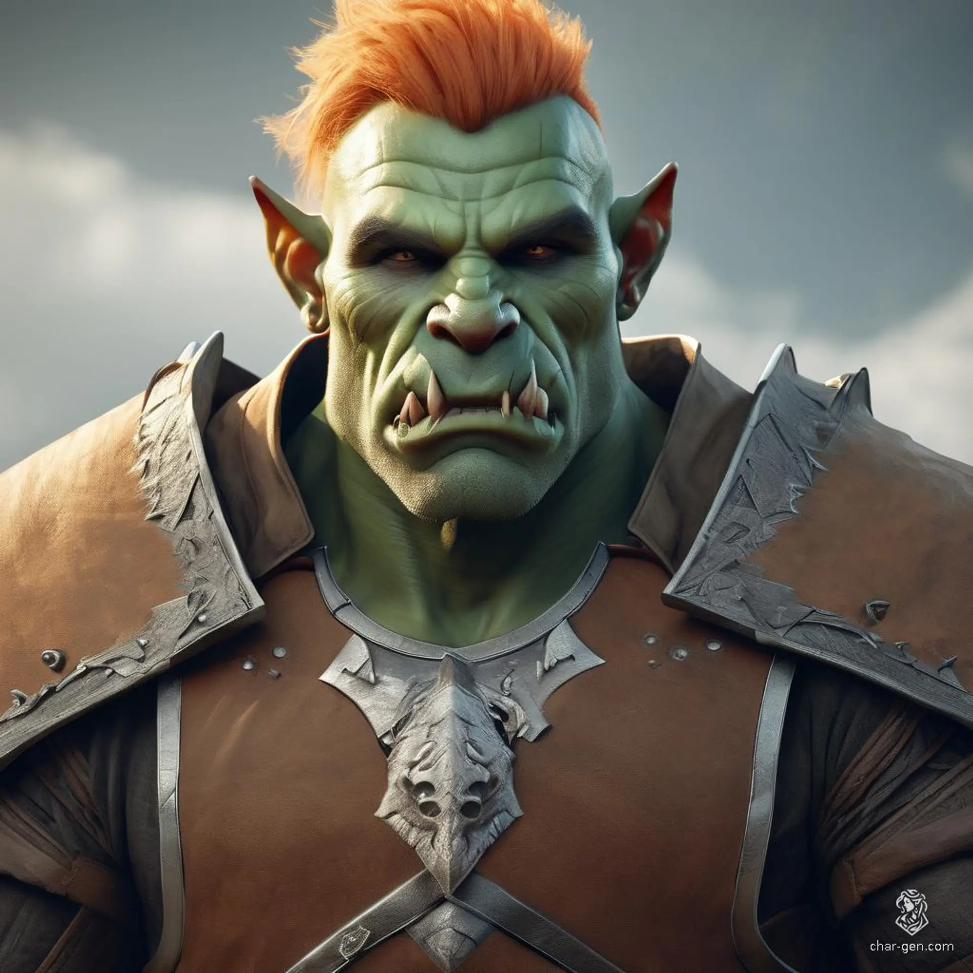 Luroq the Pious, a half-human, half-orc cleric, is a 52-year-old, 6'0", 195 lb itinerant preacher from Baldur's Gate. With pale greyish-green skin, light orange eyes, and a serene demeanor, he wields a battleaxe and sports intricate leather armor. He spreads the message of the God Who Preserves, embodying respect and dedication to the greater good.