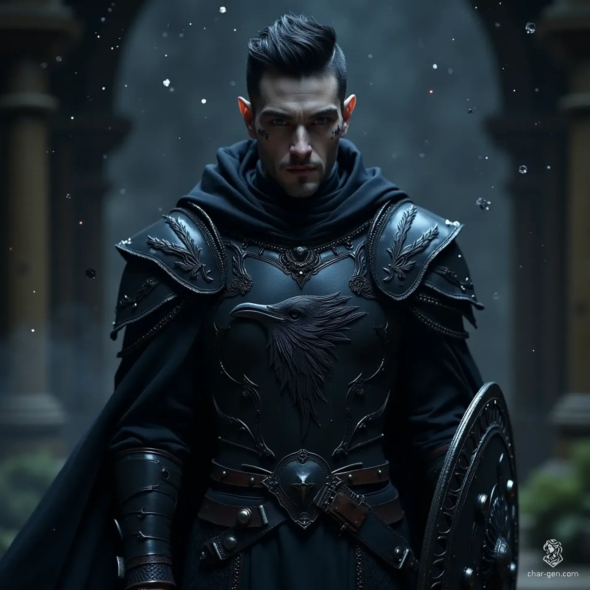 A male grey elf cleric devoted to the Raven Queen, he embodies darkness with his dark hair and grey skin adorned in simple face tattoos. Clad in black leather and mail armor featuring raven motifs, he wields a scimitar and shield, emerging from a shadowy backdrop.