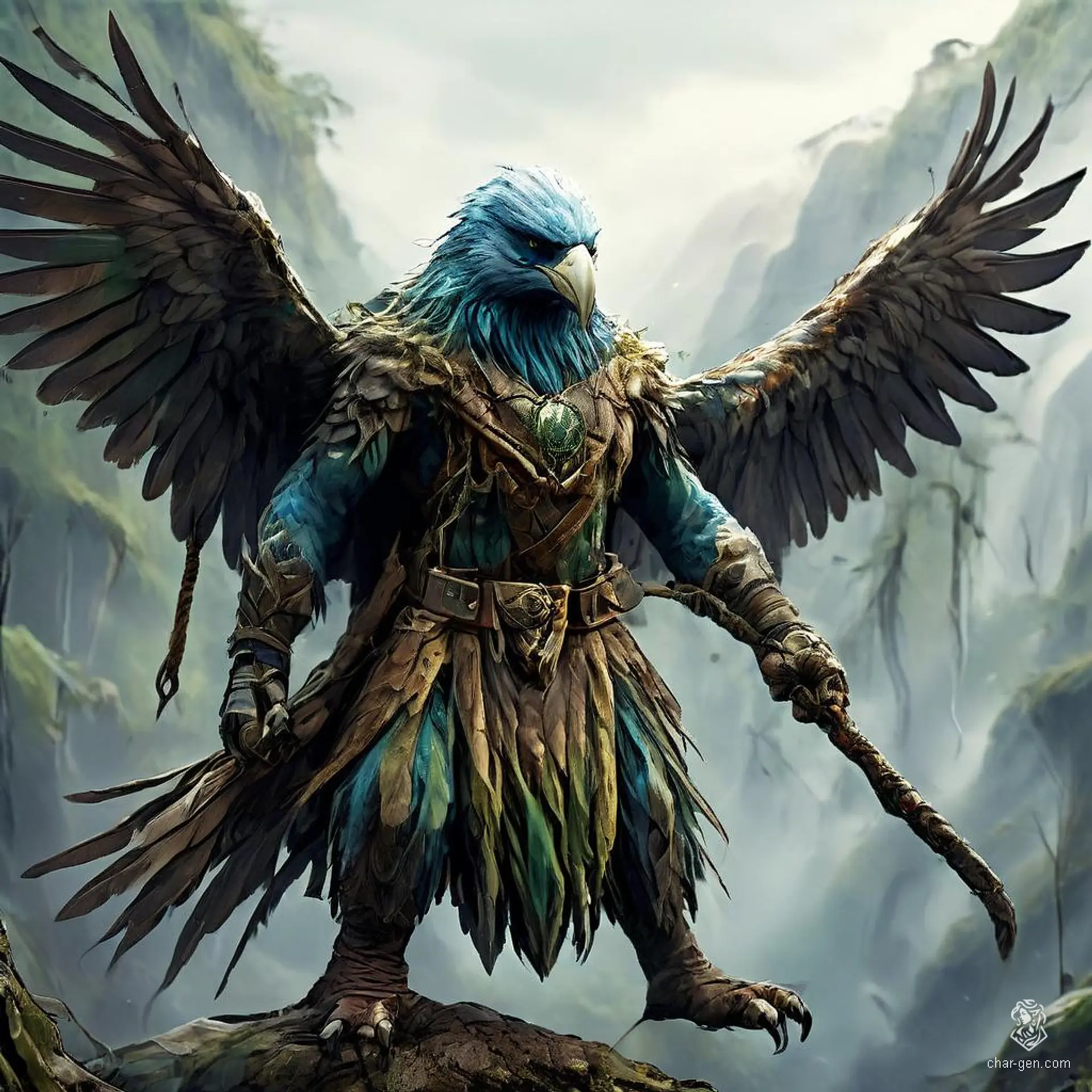 Aarakocra ranger with striking feathers and a sharp beak. Equipped with specialized ranger gear, this male bird-like humanoid excels in tracking and archery, using his keen eyesight to protect the skies.