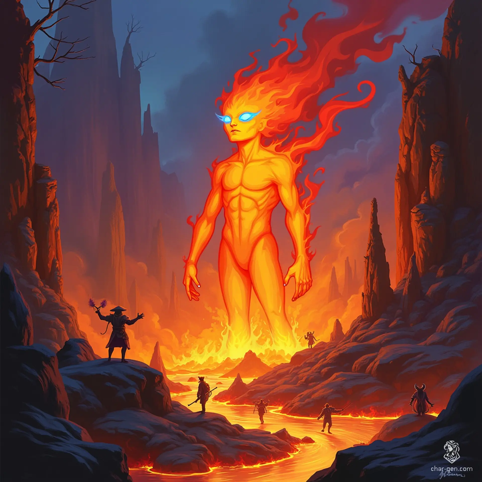 The fire elemental is a vaguely humanoid entity composed entirely of flickering flames. Its arms form and dissipate unpredictably, while blue, eye-like patches mark its otherwise featureless face. Radiating intense heat, this creature dazzles and intimidates with its fiery form.