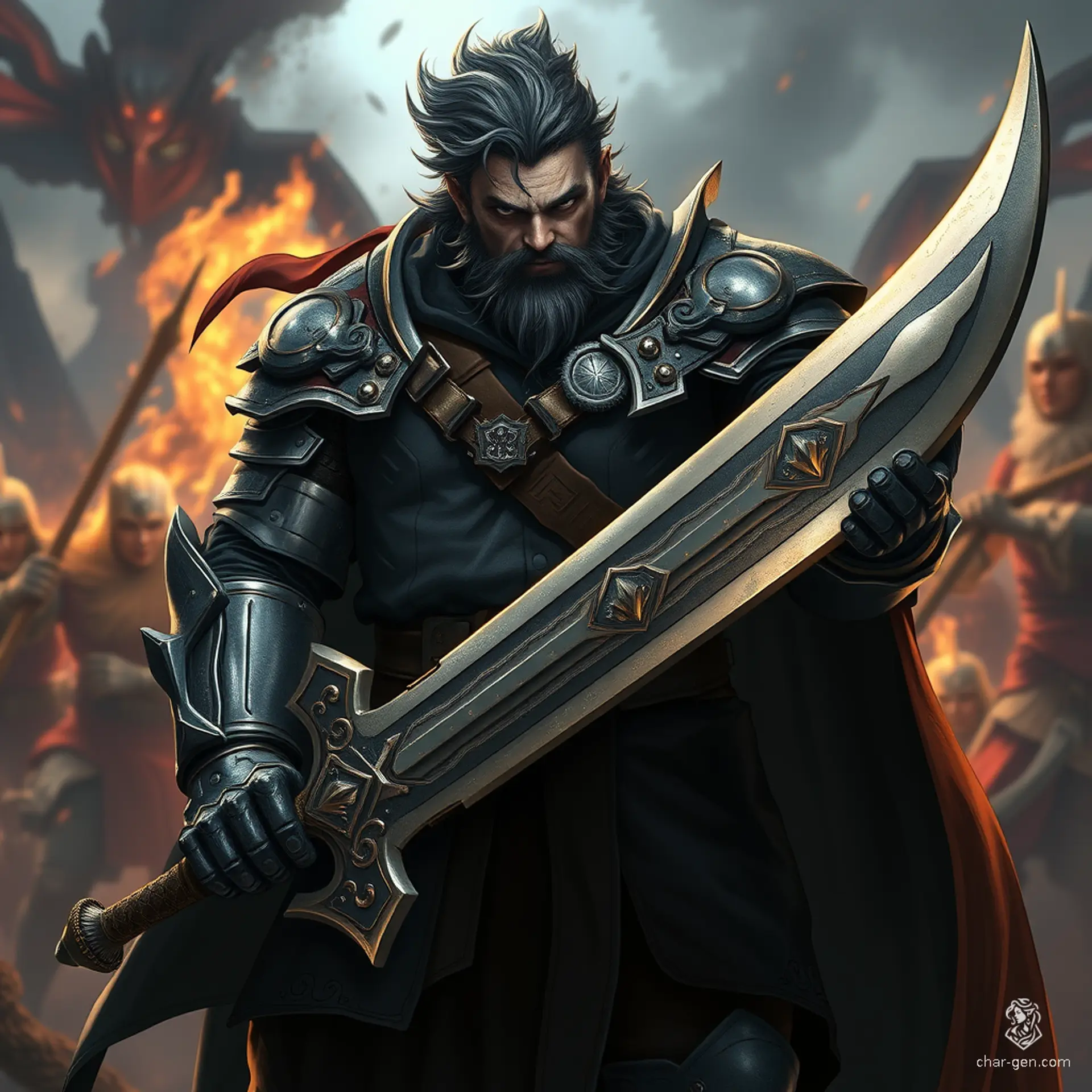 Sig Curtis stands at 2 meters tall, a robust figure with a determined expression. Clad in battered half armor, he grips a beautifully inlaid great sword that glows mysteriously. Surrounded by a swirling battle, an aura of shadow envelops him, marking his readiness for combat.