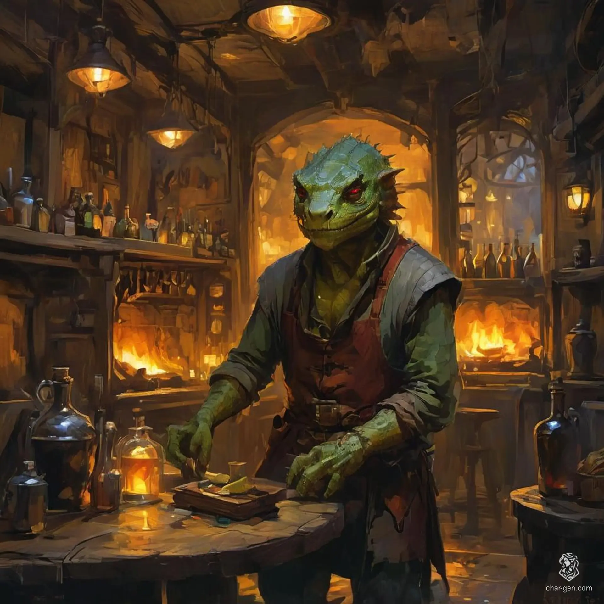 A reptilian humanoid with a vivid lizard head, forked tongue, and scales covering its body, this anthromorphic lizardfolk thrives as an innkeeper. Decked in a bartender's apron, it adeptly manages the tavern's patrons, rooms, and meals, blending hospitality with an exotic charm.