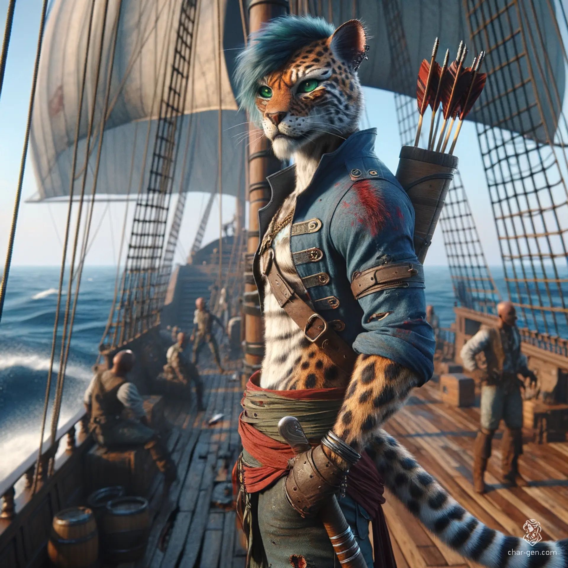 A leopard-like humanoid with a tabby cat color scheme, this Ranger turned Sailor boasts emerald eyes and a quiver of arrows. Adorned in blue and black striped pirate clothes with red accents, they navigate the ship's deck with an alligator tail, red tufted head, and scars speaking of battles past.