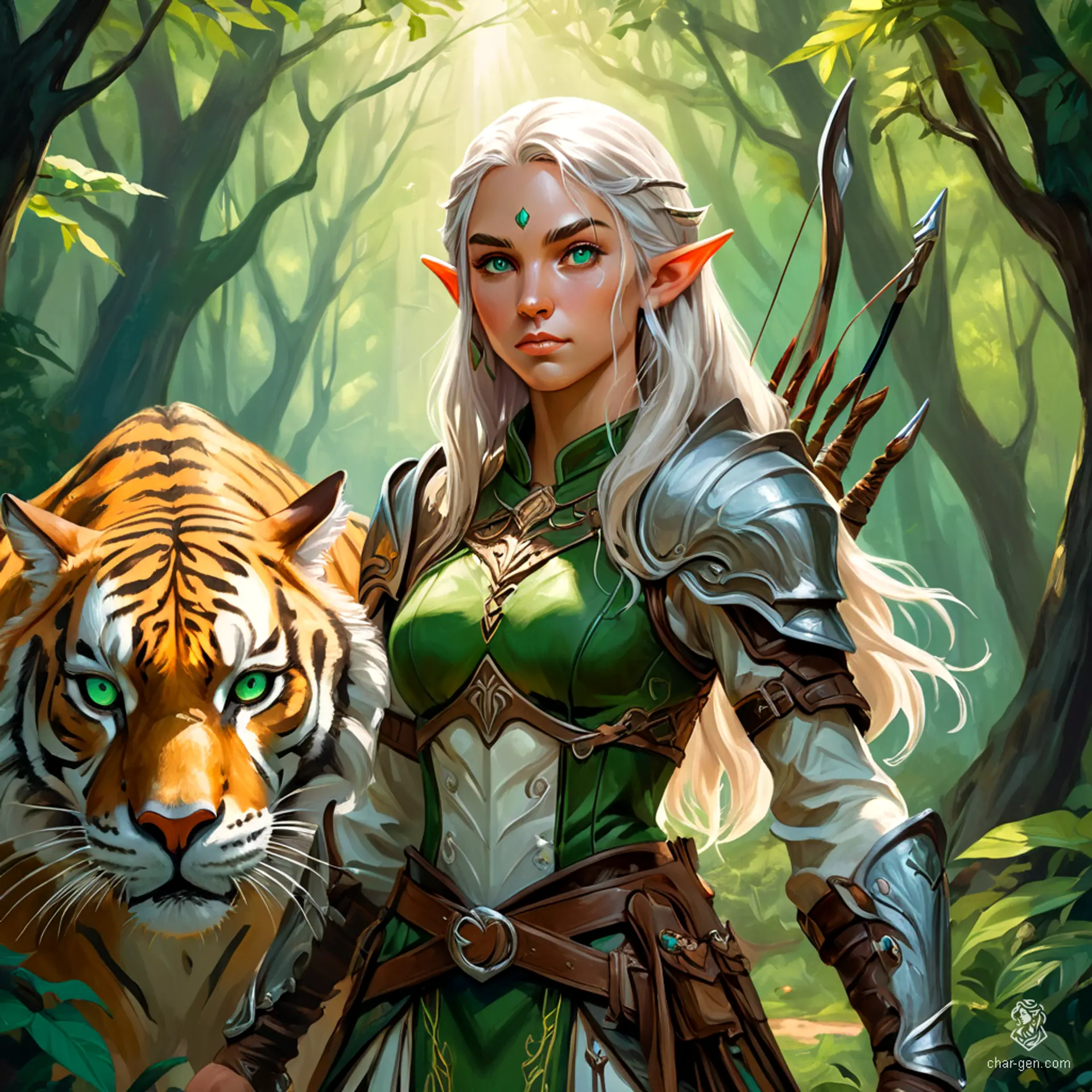Sylara, a stunning elf ranger, roams her lush forest home with her saber-tooth tiger companion, Fang. With flowing silver hair and piercing emerald eyes, she embodies nature's grace and ferocity. Clad in intricate leather armor, she wields a finely crafted longbow, always ready to protect her realm.