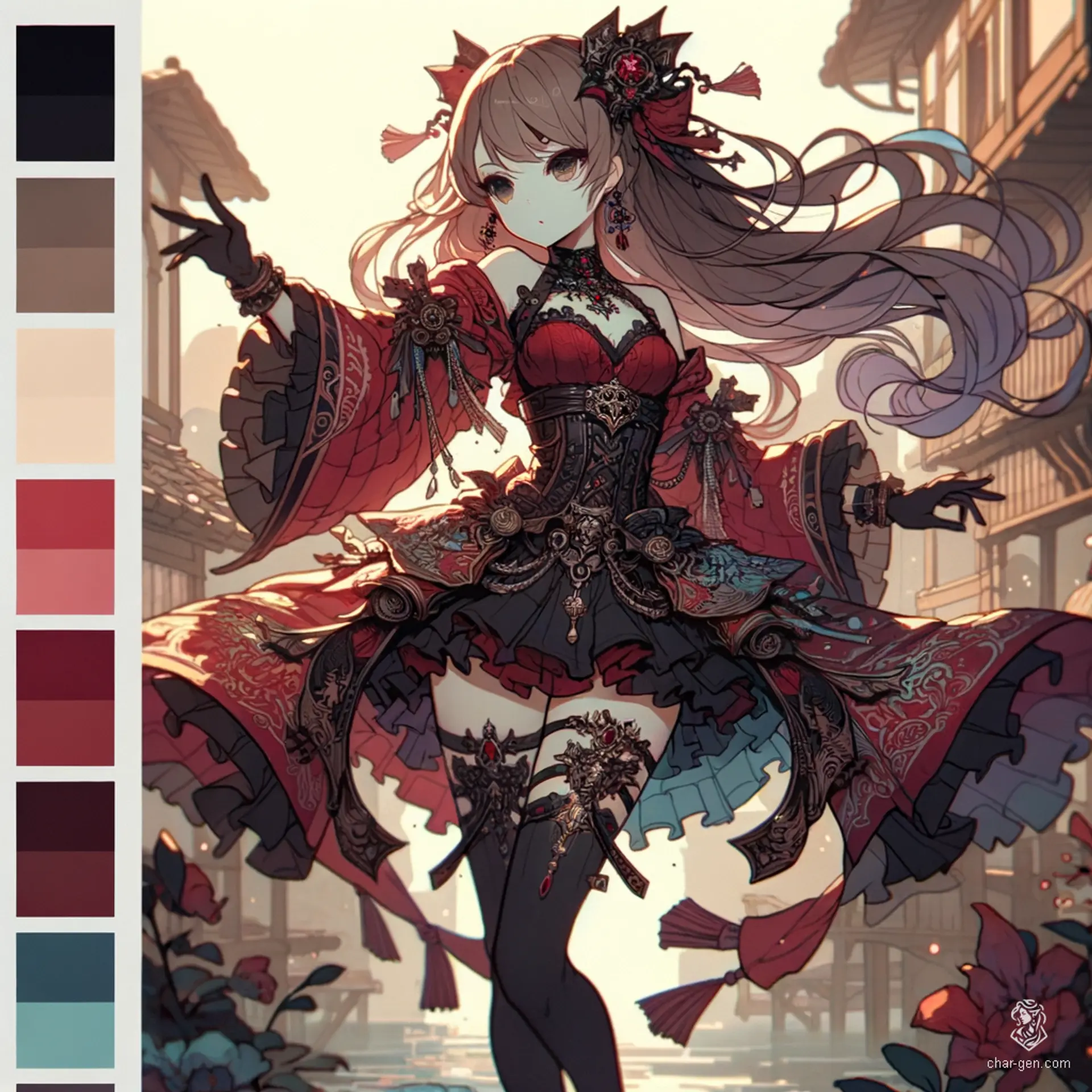 A striking fantasy warrior adorned in ornate armor, blending bold reds and blacks with delicate embellishments. Set against a soft, atmospheric medieval town backdrop, their dynamic pose and intricate costume echo a perfect fusion of modern anime artistry and classical fantasy elegance.