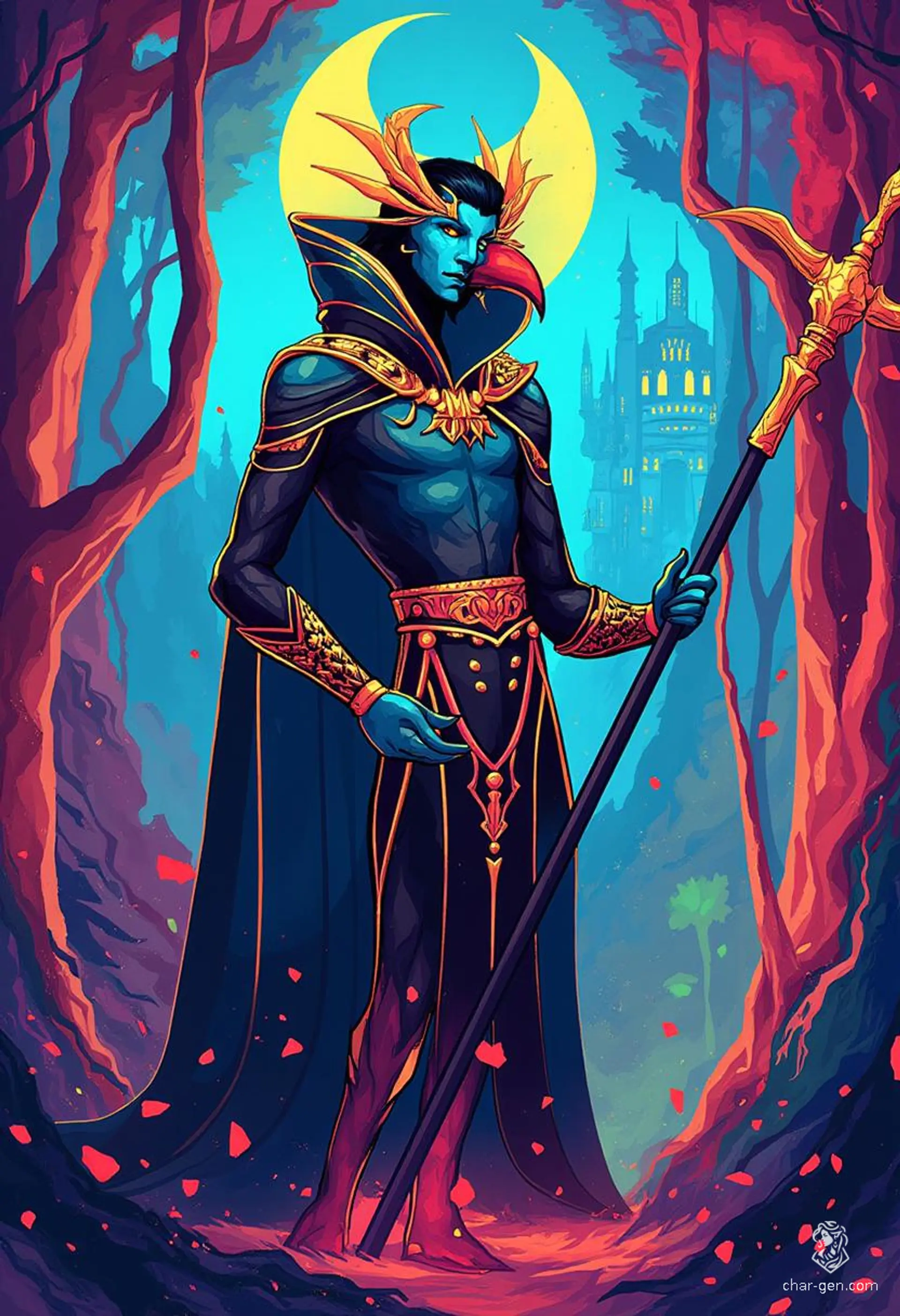 Krackle Brightbeak is a 20-year-old, blue-skinned kenku sorcerer with a raven-like head and wings. A charming and intelligent criminal, he wields an enchanted quarterstaff and wears a mesmerizing, shifting cloak that enhances his unpredictable magic, all while exuding a powerful aura of mystery.