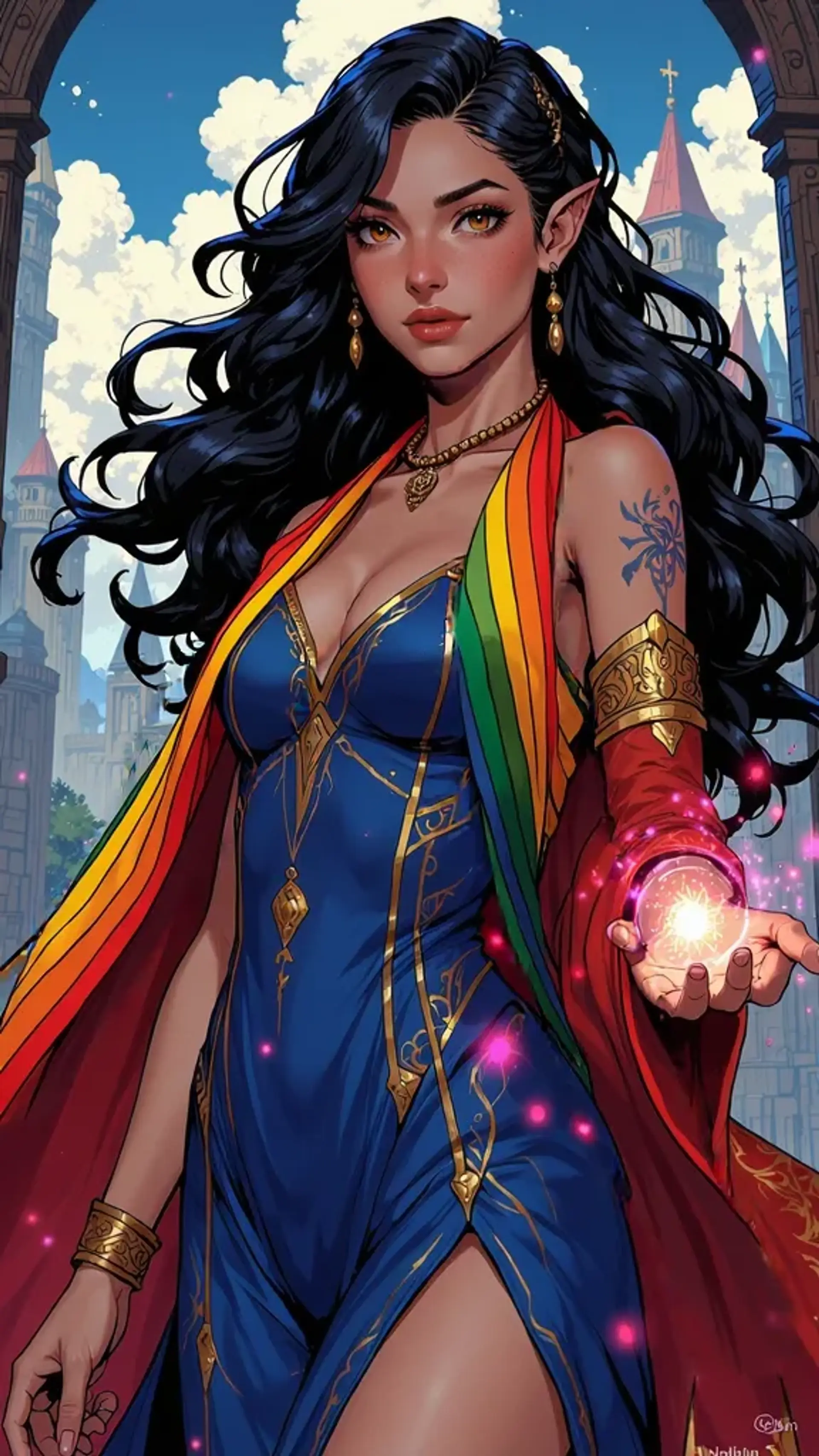 A confident 19-year-old sorceress exudes regal authority in a vibrant, floor-length gown, complemented by a shimmering rainbow stole. With piercing brown eyes and flowing dark hair, she channels multicolored magical energy, embodying unity and power against the majestic backdrop of the White Tower.