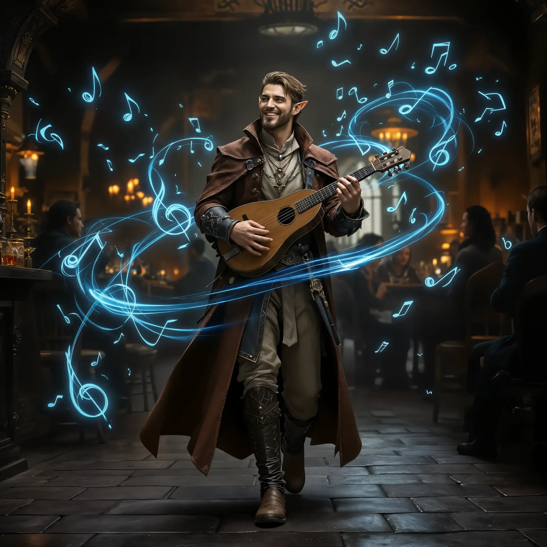 Valdyr, a charismatic half-elf bard, with short brown hair and a charming goatee, captivates a medieval bar crowd as he plays an ancient lute. Clad in a leather overcoat and tall boots, he radiates charm and magic, surrounded by swirling blue and teal arcane runes.