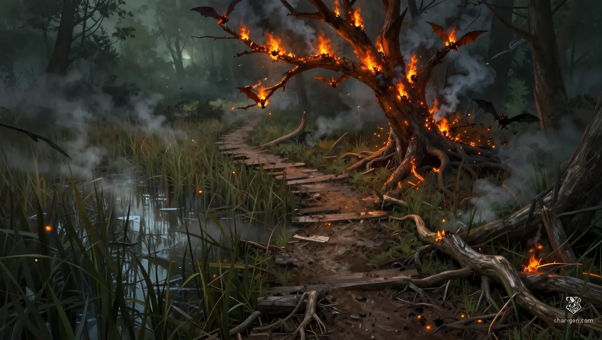 Drive the Emberbats from the Burning Cedar - AI-generated fantasy Encounter