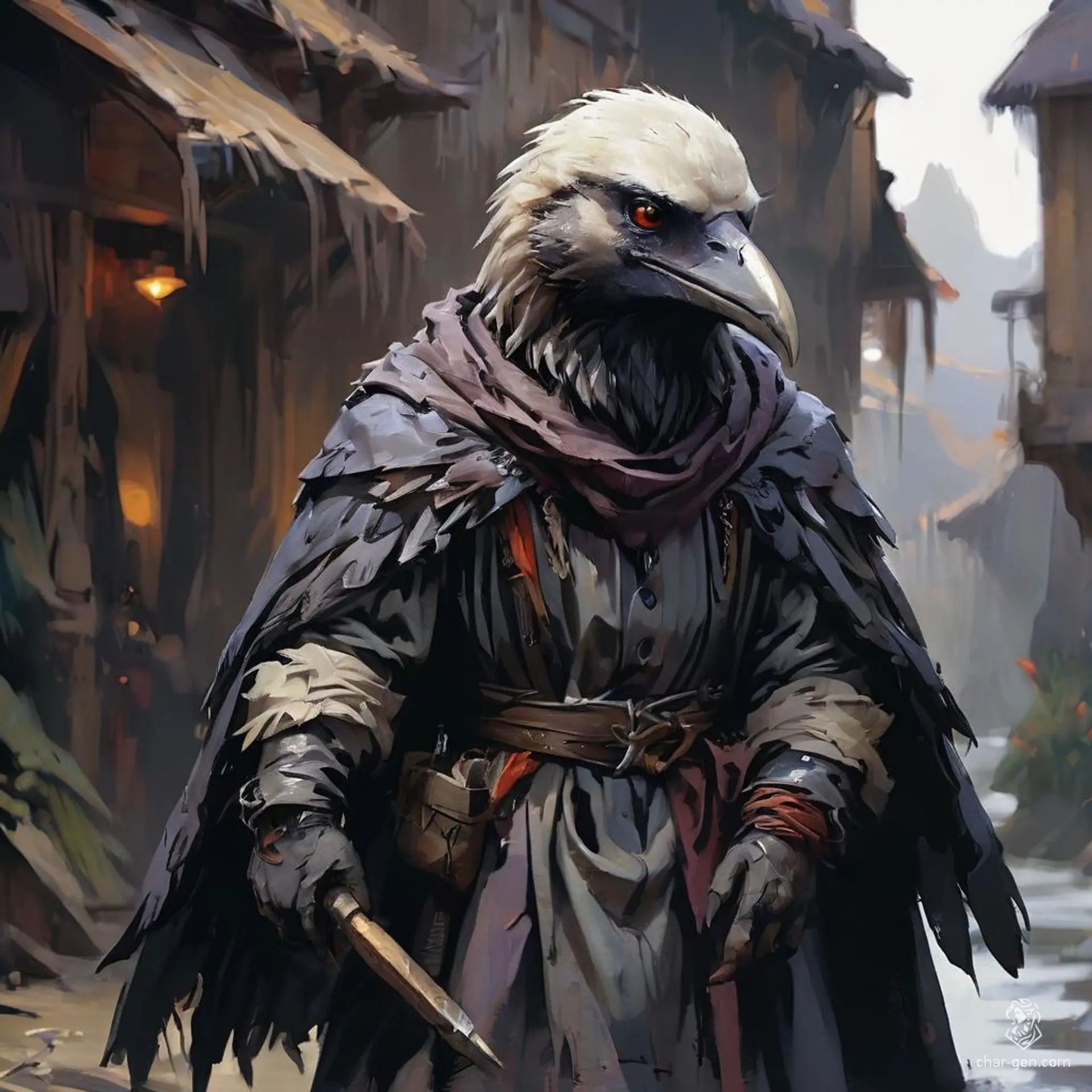 A rogue kenku with raven features, this stealthy, winged, and avian humanoid skulks through Scottish castle ruins. Short and feathered, with a beaked, anthropomorphic raven head, they move with a light-footed stance, blending seamlessly into the shadows.
