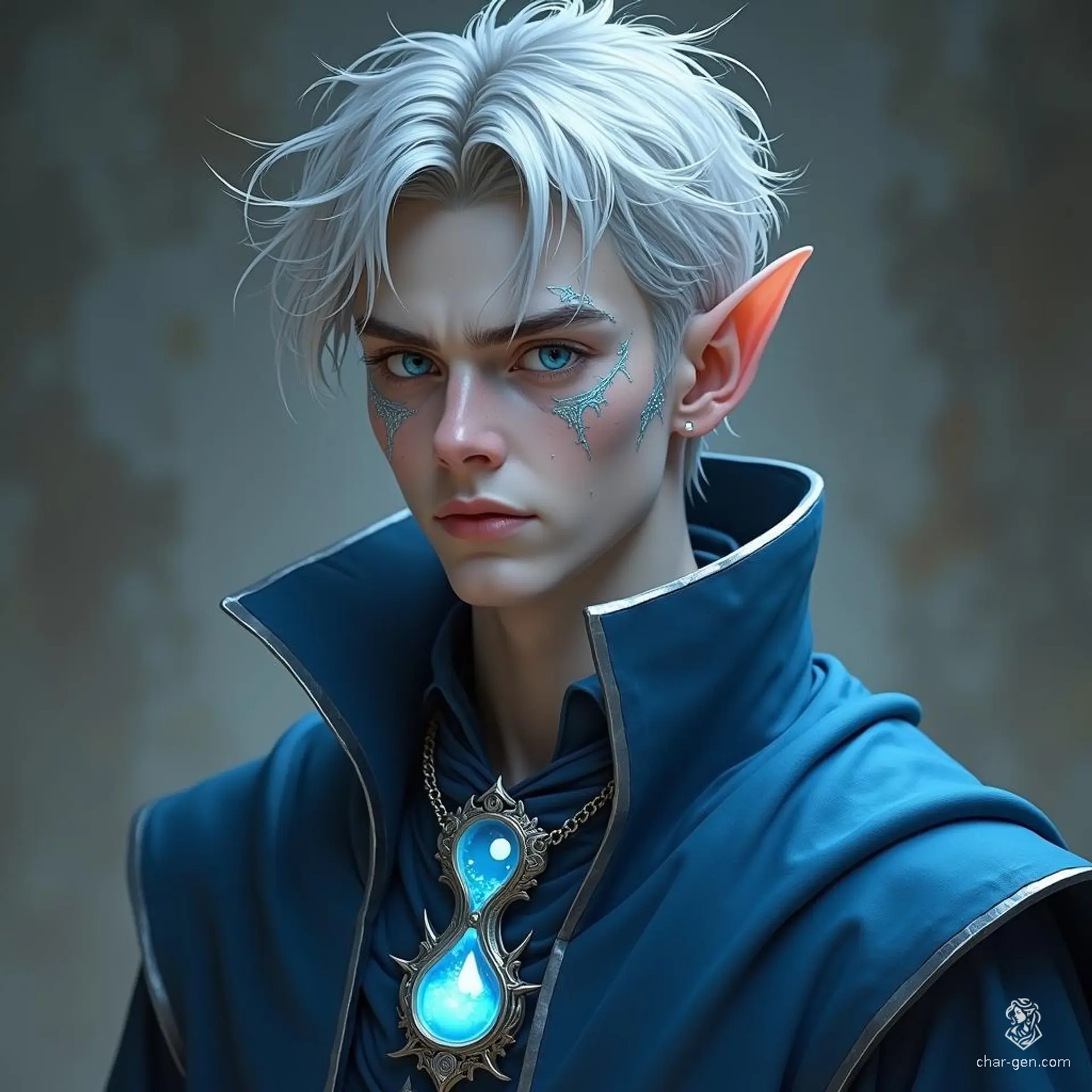 Vollaron, a frail young high elf, exudes an ethereal charm with his tousled silver-gray hair and piercing blue eyes radiating arcane energy. Adorned in oversized blue and silver robes, he embodies the mastery of chronomancy, with intricate glowing marks on his face hinting at his magical prowess.
