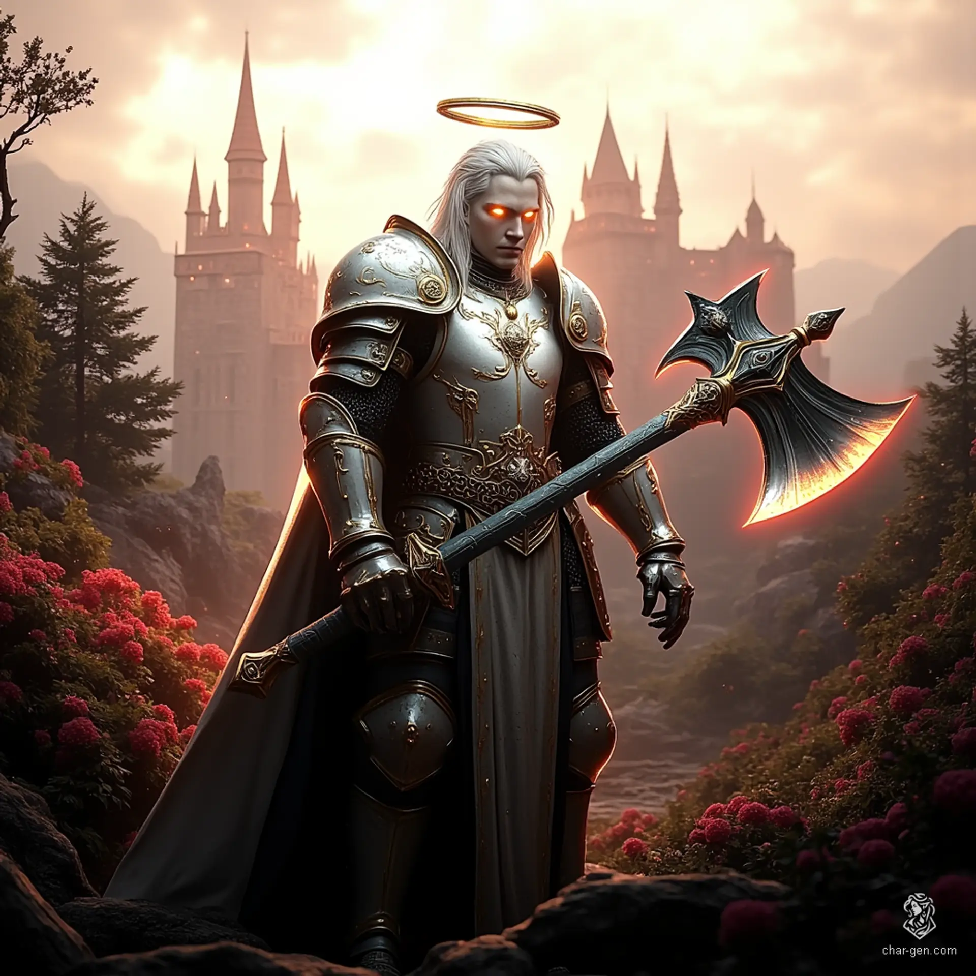 Puriel is a formidable aasimar fighter, radiating a subtle halo and boasting unusual colored eyes. Clad in intricately detailed chain mail and wielding a greataxe, he stands confidently, his white blond cornrows framing a determined face. Strong yet not overly intellectual, he embodies the essence of a divine warrior.