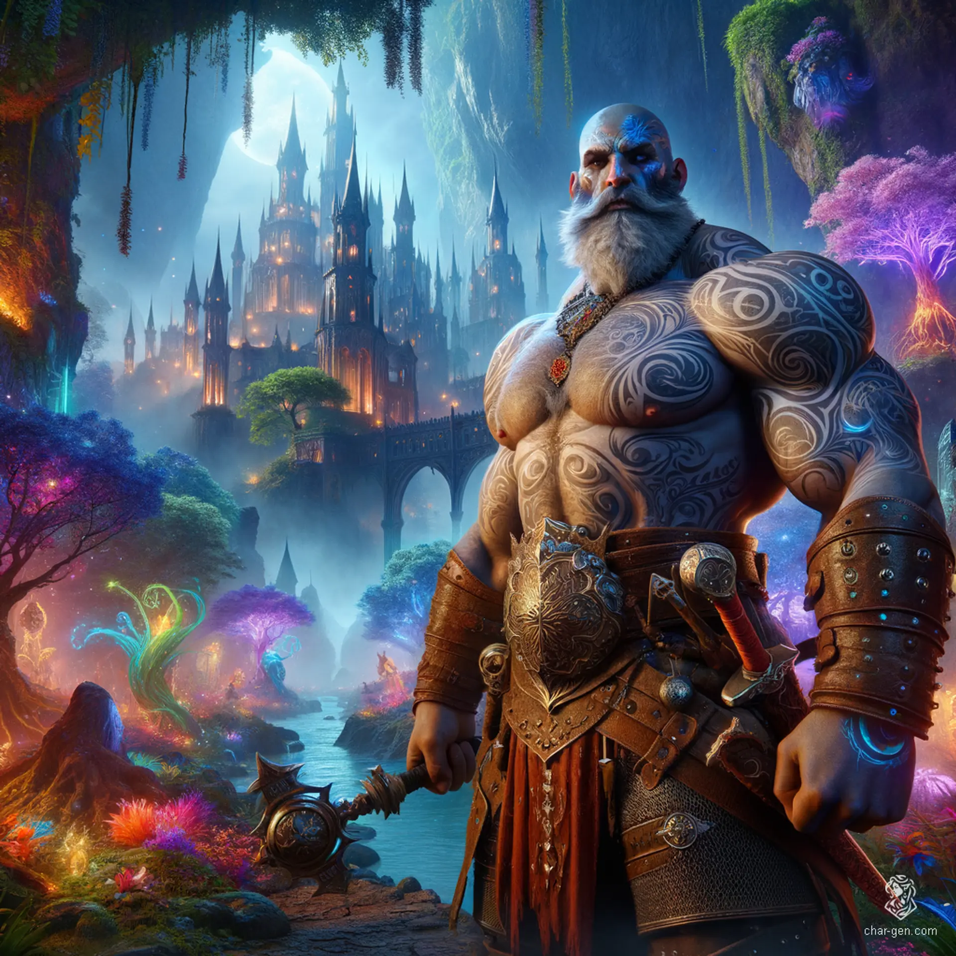 Goliath Fighter: Male half-giant with grey, tattooed skin, a bald head, and a large nose. He boasts a lean yet muscular build, adorned in studded leather armor. Confidently wielding various weapons, his full braided beard and Viking braid hair complete his formidable appearance.