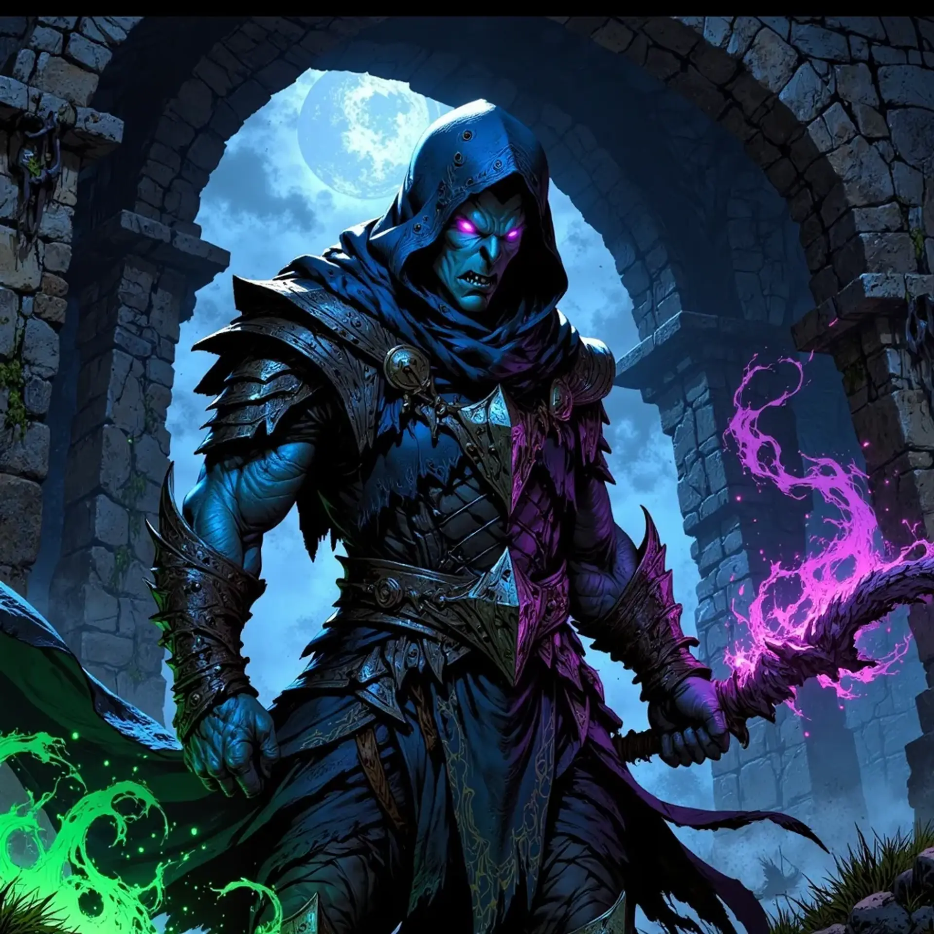 A mysterious male orc wizard, aged around 30, combines both sorcery and witch-hunting prowess. His lean, imposing figure is clad in dark robes decorated with arcane symbols, his intense violet eyes glowing from beneath a shadowed hood. Blue-skinned, he wields a twisted wooden staff buzzing with magic, ready to hunt dark magic users. His rugged attire and silver weapons symbolize his dual role as a sorcerer and witch-hunter.