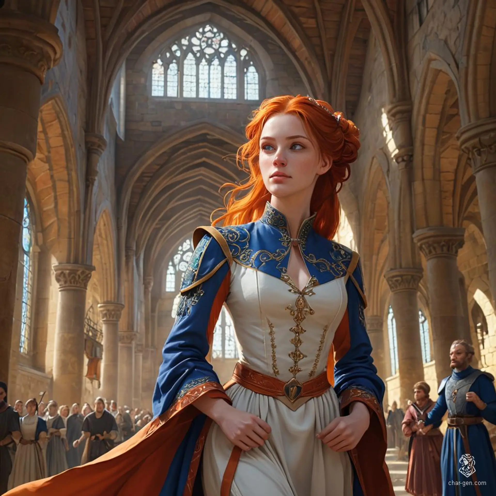 A fair-skinned female spy with wavy red hair in a loose bun and striking blue eyes, dressed in cobalt and peach servant attire. She blends into crowds, eavesdrops, and carries secret messages, using her inconspicuous appearance to gather crucial information.