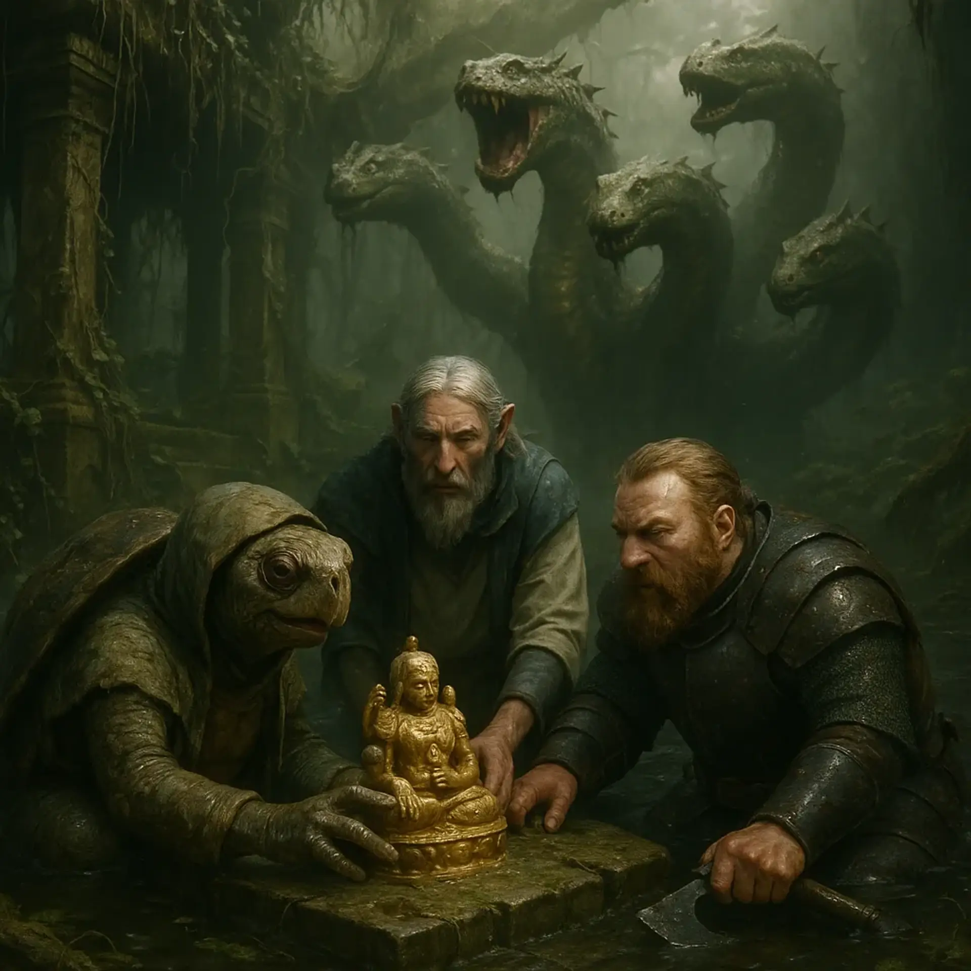 In the fog-shrouded Dreadmire Swamp, a tortle druid, firbolg cleric, and dwarf fighter delve into a vine-choked sunken temple seeking golden idols—only to face a terrifying five-headed hydra rising from inky black waters, its wet, slimy scales shimmering in haunting Rembrandt lighting.