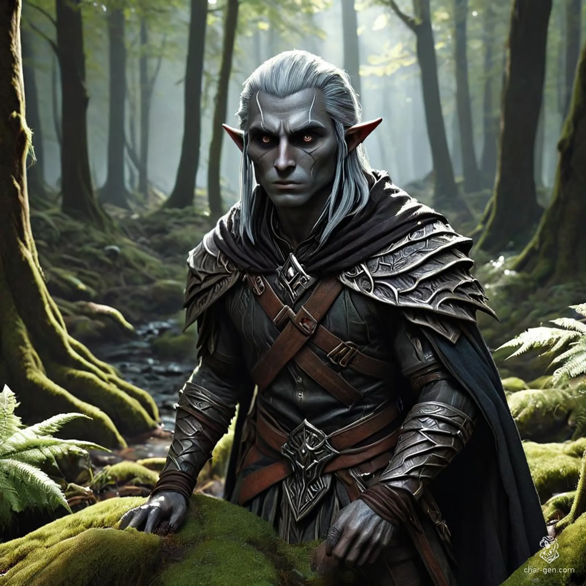 PoppyThePlucky's character is a 30-year-old male Drow ranger with sharp red eyes and white, shoulder-length hair. Standing 6 feet tall with a medium build and grey skin, he wields a quarterstaff and dons intricately detailed leather armor. Nimble and strong, he values change, honor, might, and glory, fiercely loyal to his family and harboring silent resentments.