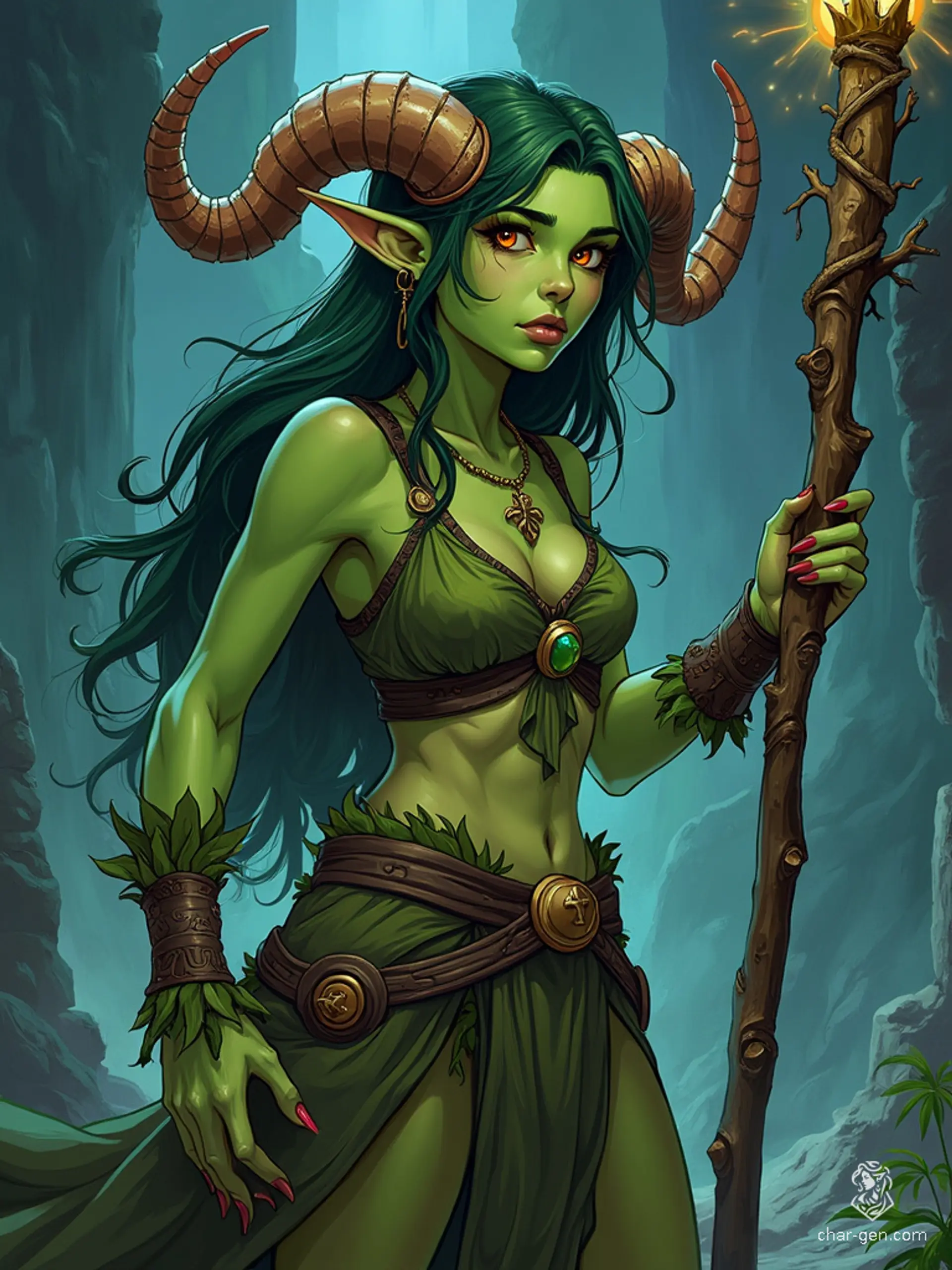 Lilith Valmoira, a 327-year-old female Tiefling Druid from Arabel's Vistani Camp, is known for her deep connection to nature and animal companions. With green skin, horns, and a long tail, she wields a twig-adorned staff and wears detailed hides. Extremely intelligent and wise, Lilith seeks peace in Barovia's cursed forests.