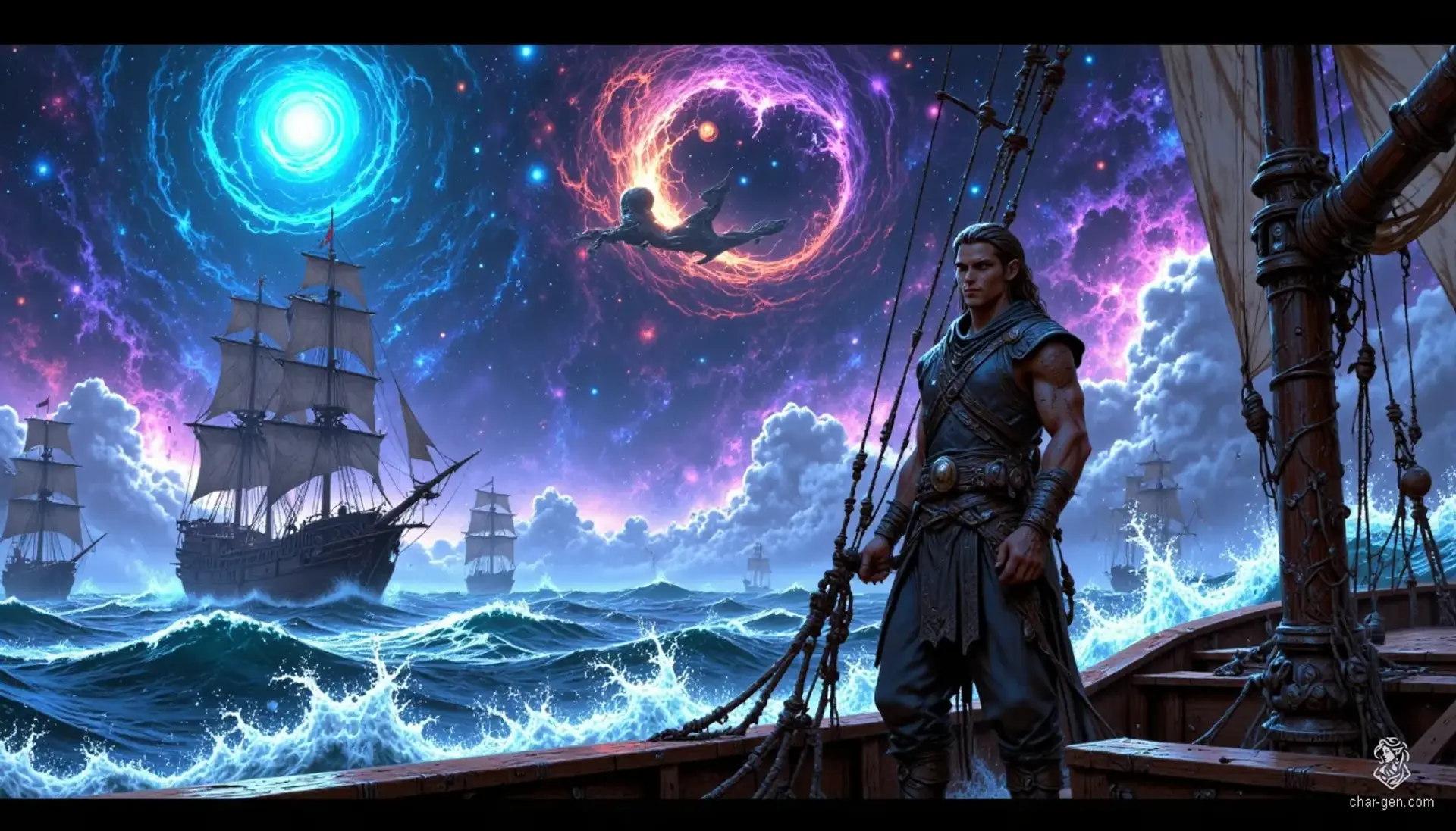 A handsome young elf with tanned skin and light brown braided hair navigates the starry night aboard his spelljammer. Dressed in a loose gray vest, he works diligently on the sails, embodying the rugged spirit of a sailor while remaining quietly introspective amidst the cosmic waves.